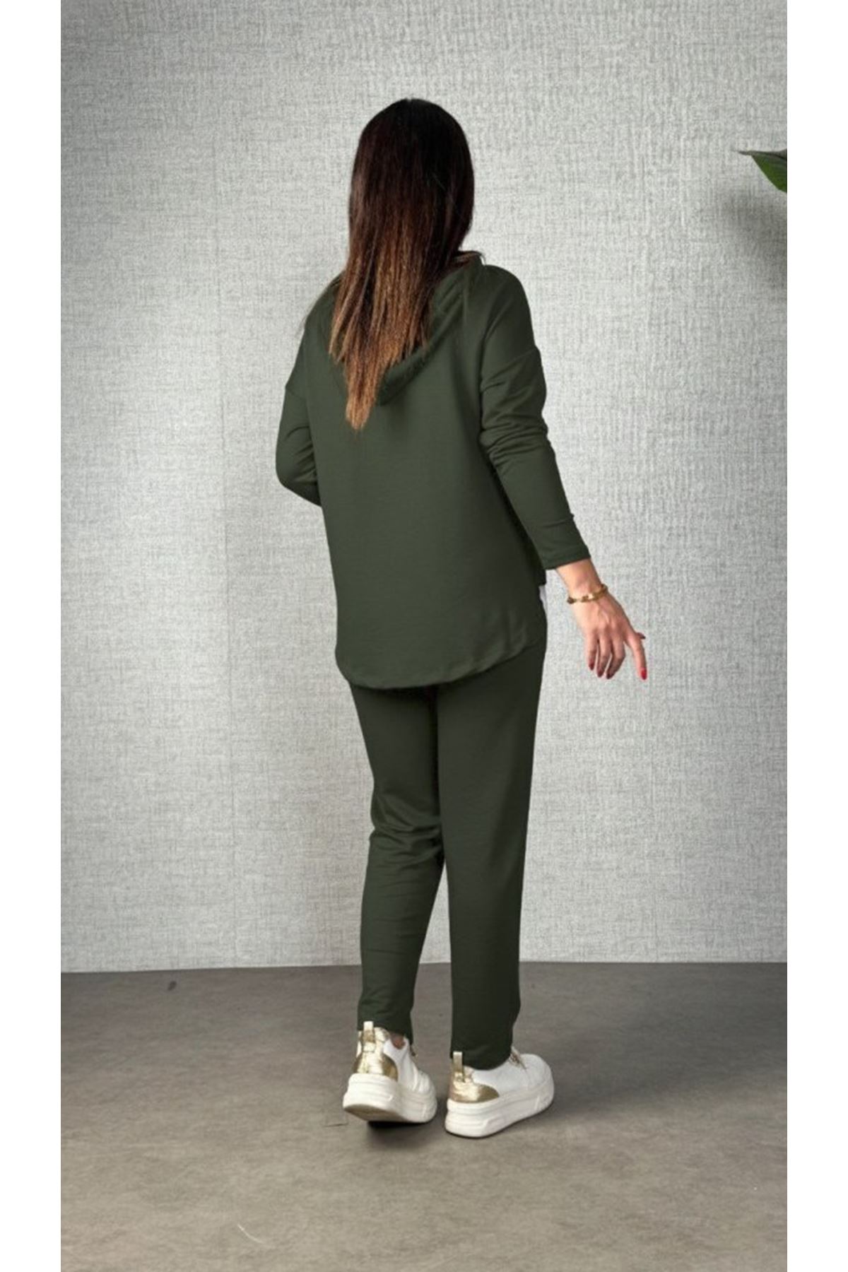 Kadın Uzun Kollu Kapşonlu Bağcıklı Viskon Iki Iplik Bluz Ve Pantolon Ikili Takım