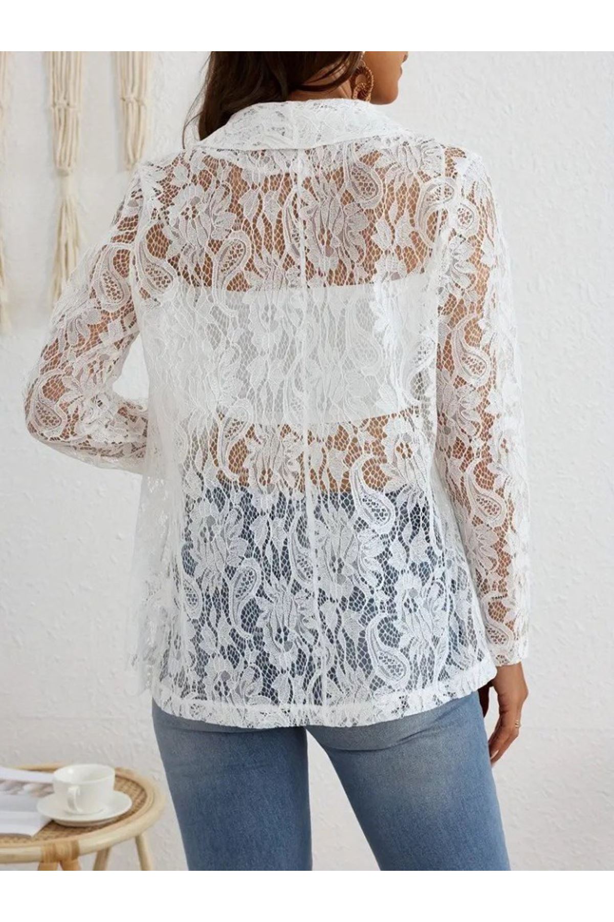Kadın Uzun Kollu Yakalı önü Açık Dantelli Ceket