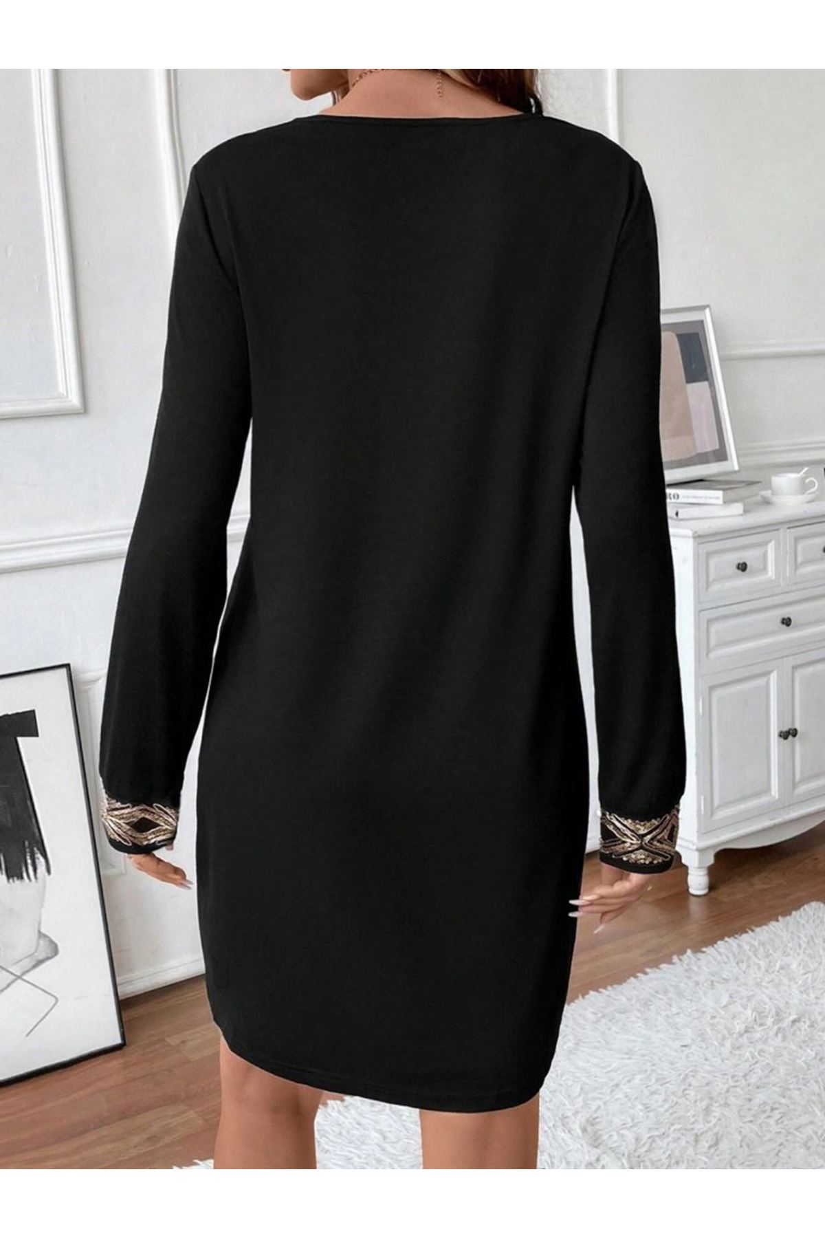 Kadın Uzun Kollu V Yakalı Pulpayet Detaylı Mini Ithal Krep Elbise