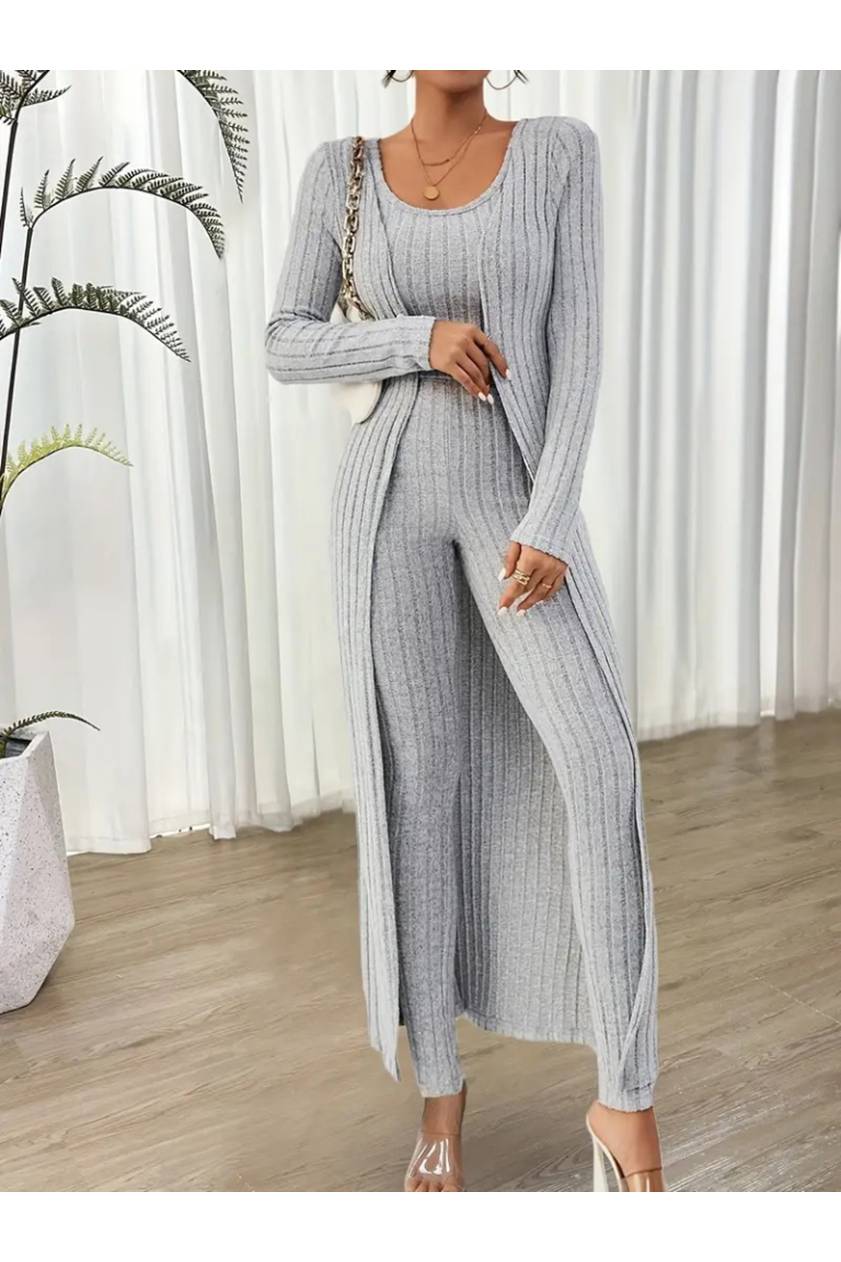 Kadın Yuvarlak Yaka Askılı Krop Bluz Yüksek Bel Tayt Ve Uzun Hırka şardonlu Kaşkorse üçlü Takım