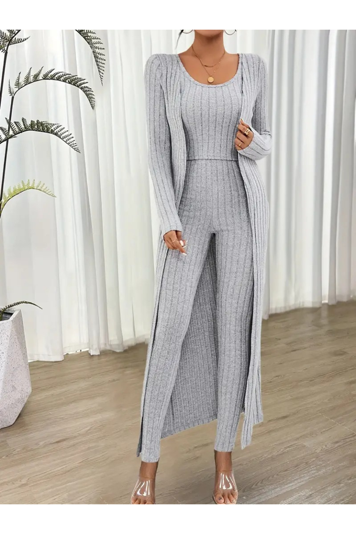 Kadın Yuvarlak Yaka Askılı Krop Bluz Yüksek Bel Tayt Ve Uzun Hırka şardonlu Kaşkorse üçlü Takım