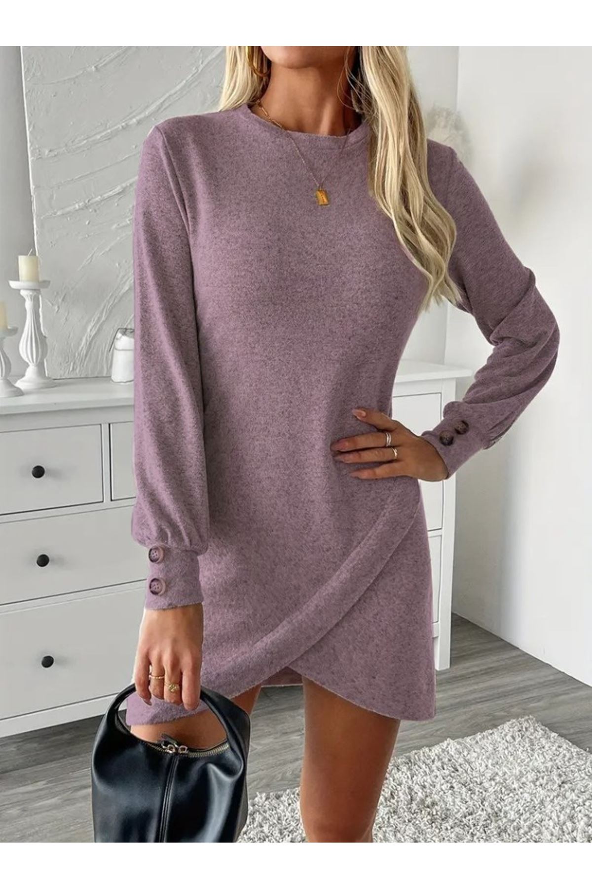 Kadın Uzun Kollu Bisiklet Yaka önden Asimetrik Kesim Detaylı Mini Yumoş Elbise