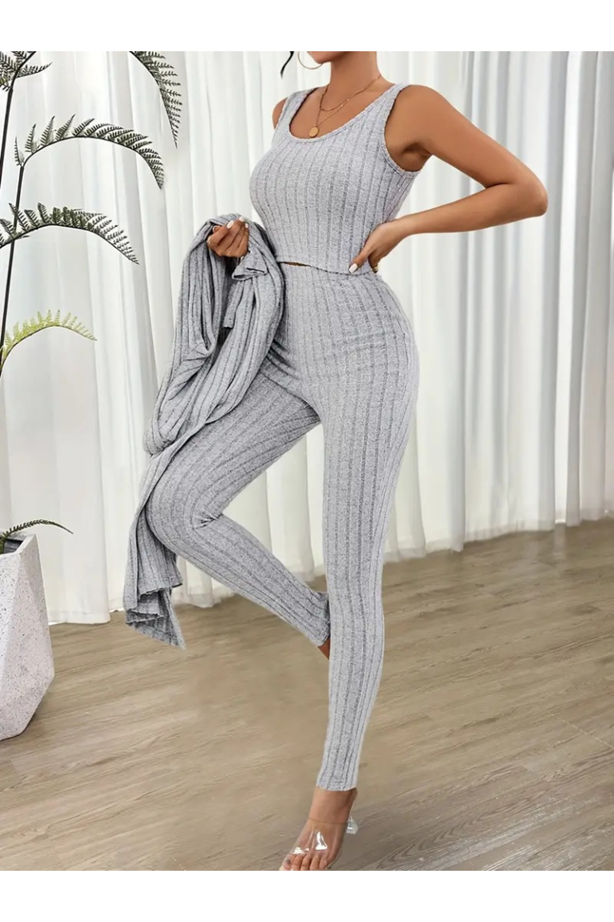 Kadın Yuvarlak Yaka Askılı Krop Bluz Yüksek Bel Tayt Ve Uzun Hırka şardonlu Kaşkorse üçlü Takım