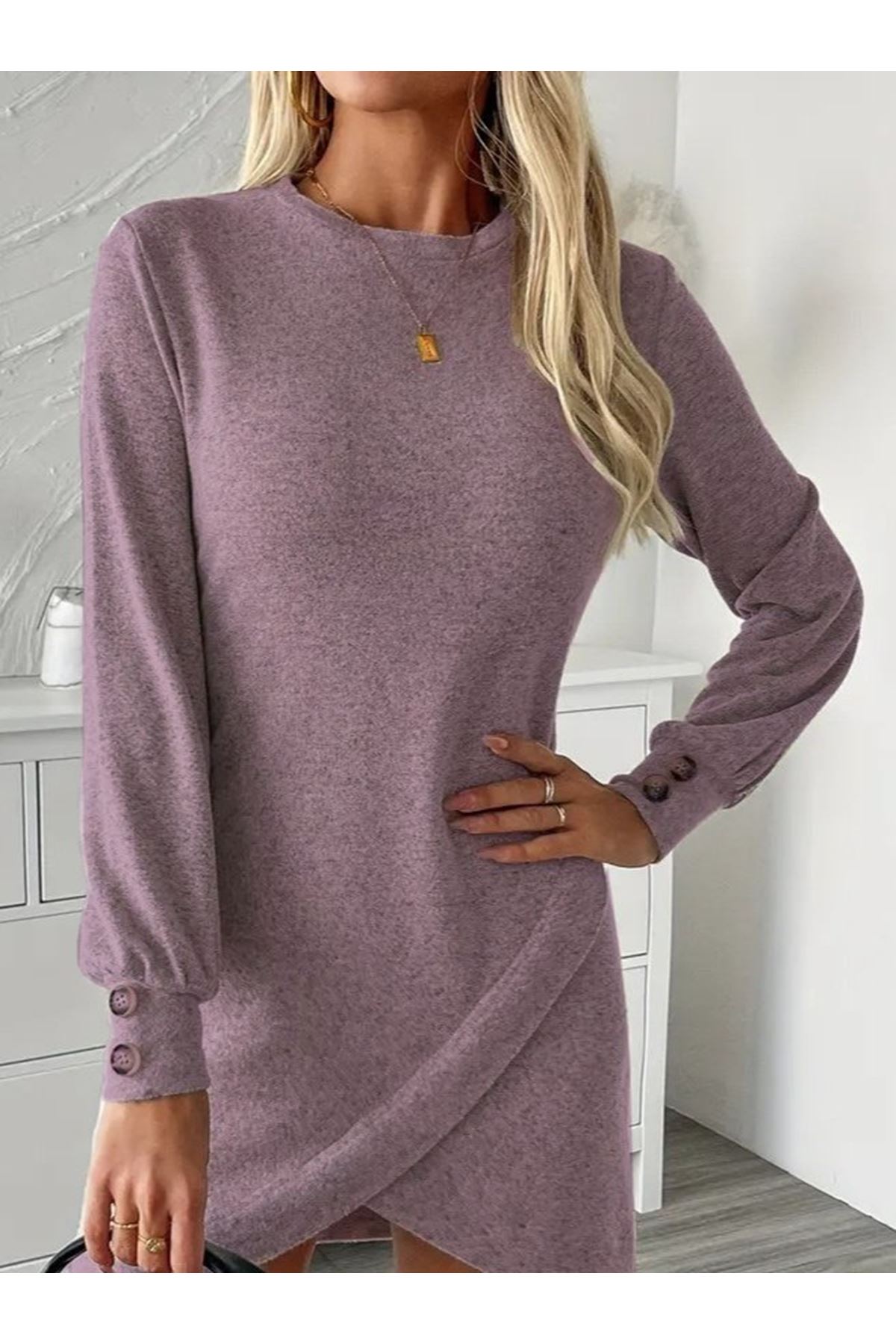 Kadın Uzun Kollu Bisiklet Yaka önden Asimetrik Kesim Detaylı Mini Yumoş Elbise