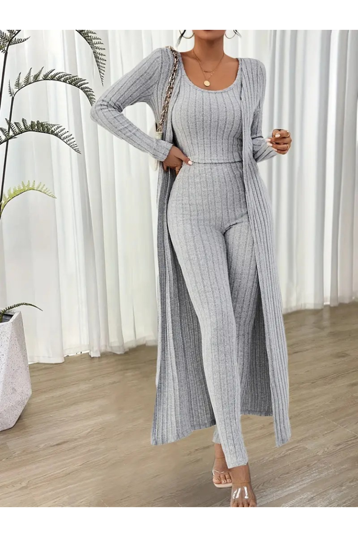 Kadın Yuvarlak Yaka Askılı Krop Bluz Yüksek Bel Tayt Ve Uzun Hırka şardonlu Kaşkorse üçlü Takım