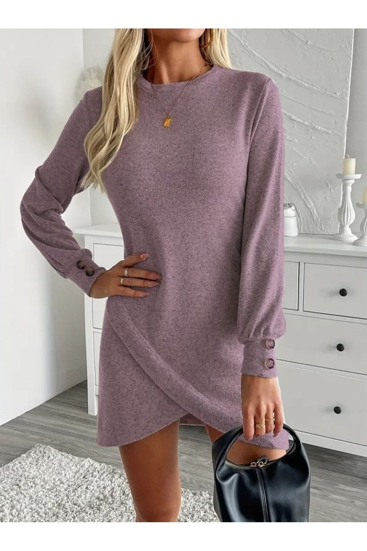 Kadın Uzun Kollu Bisiklet Yaka önden Asimetrik Kesim Detaylı Mini Yumoş Elbise