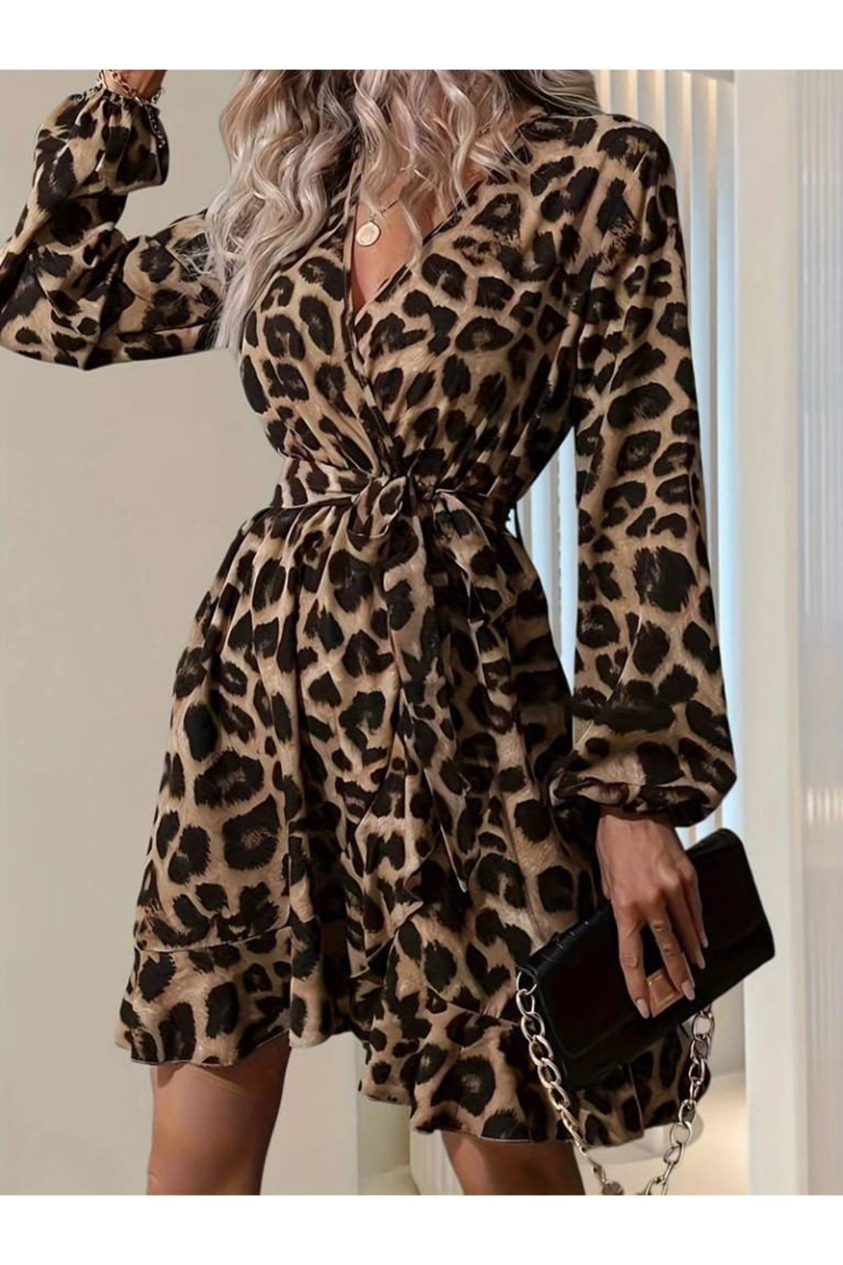 Kadın Uzun Kollu Kruvaze Yaka Belden Kuşaklı çapraz Kesim Detaylı Leopar Modal Mini Elbise