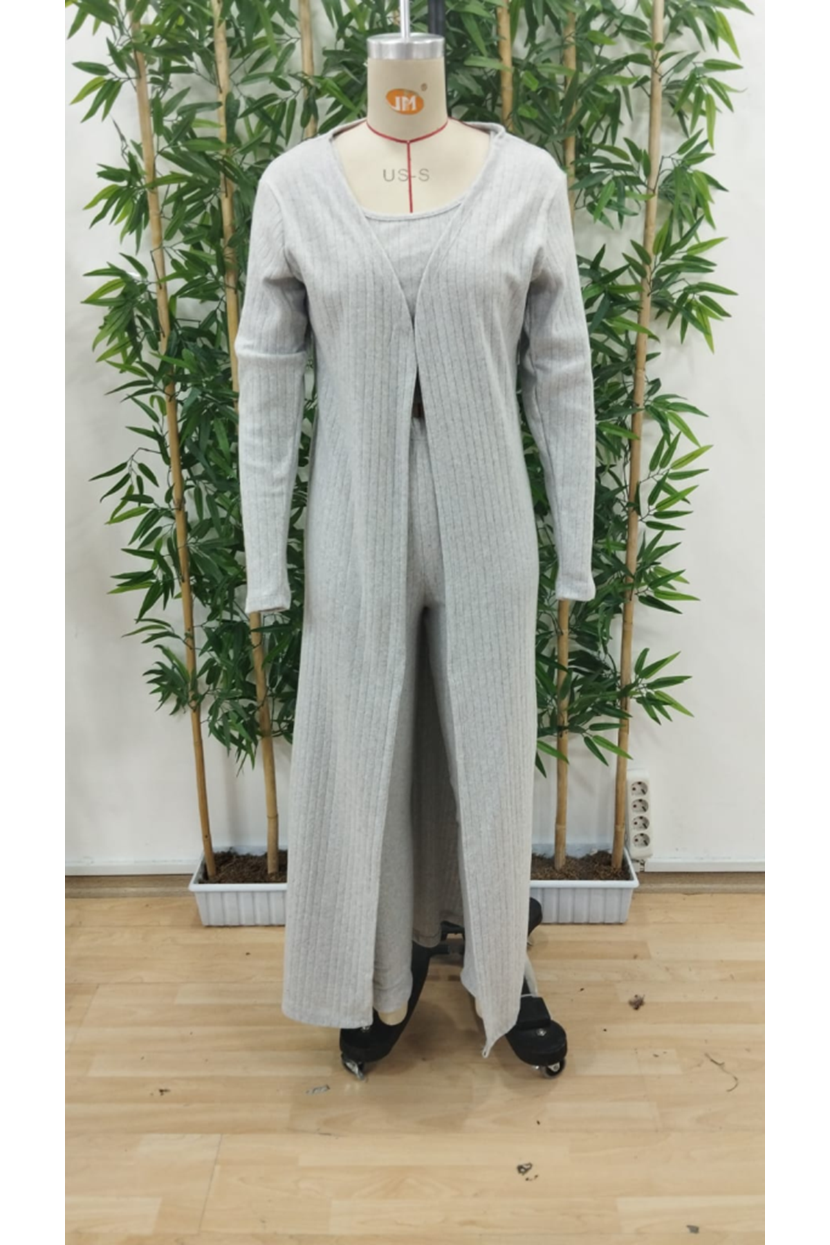 Kadın Yuvarlak Yaka Askılı Krop Bluz Yüksek Bel Tayt Ve Uzun Hırka şardonlu Kaşkorse üçlü Takım