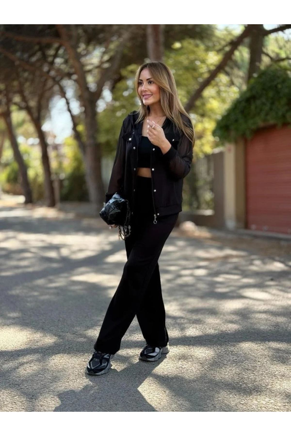 Kadın Uzun Kollu Tül Detaylı önü Düğmeli Viskon Iki Iplik Ceket Ve Pantolon Ikili Takım