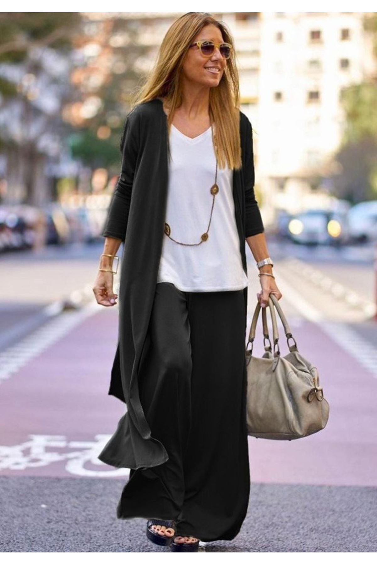 Kadın Uzun Kollu önü Açık Viskon Ceket Ve Pantolon Ikili Takım