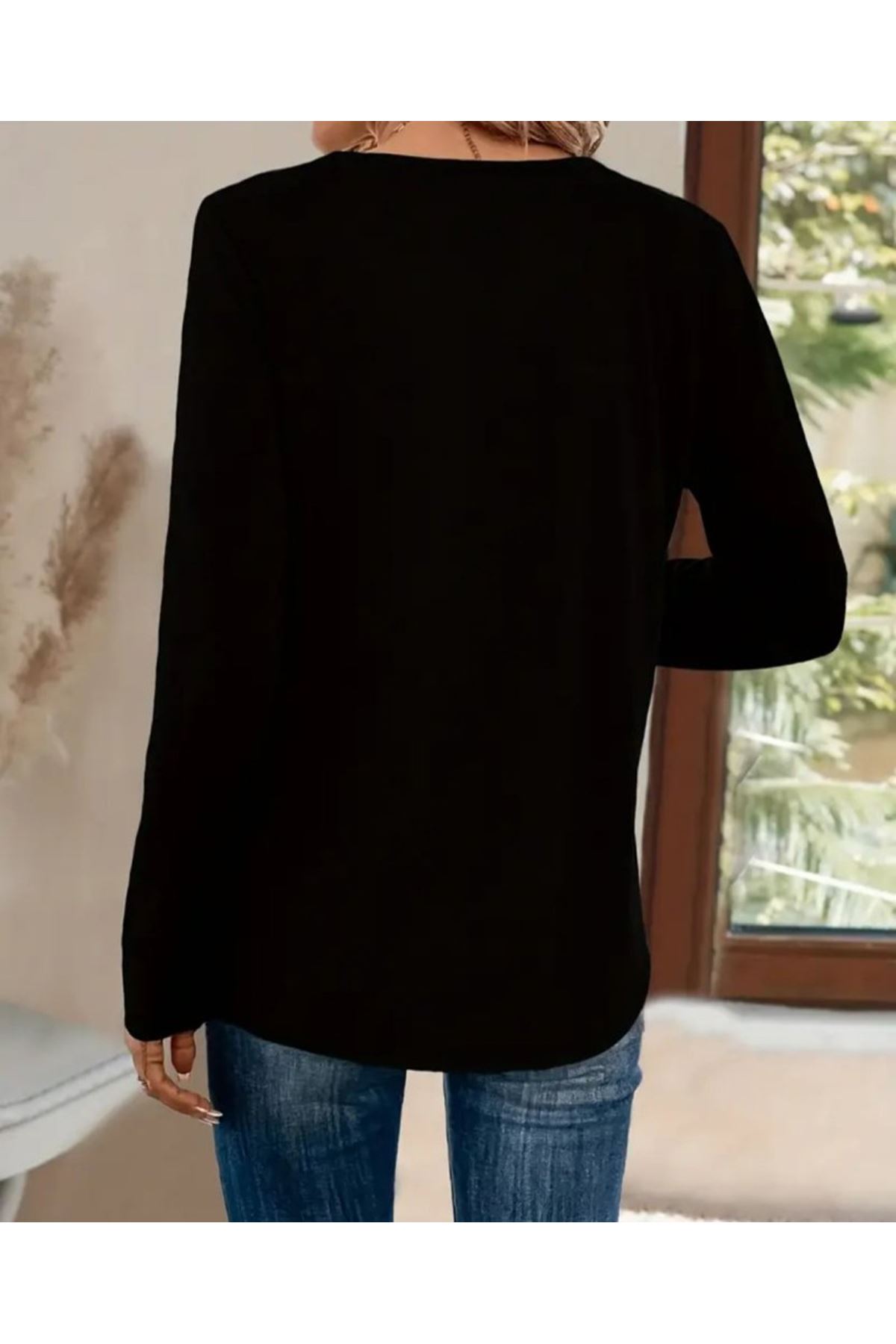 Kadın Uzun Kollu V Payet Yakalı Viskon Bluz