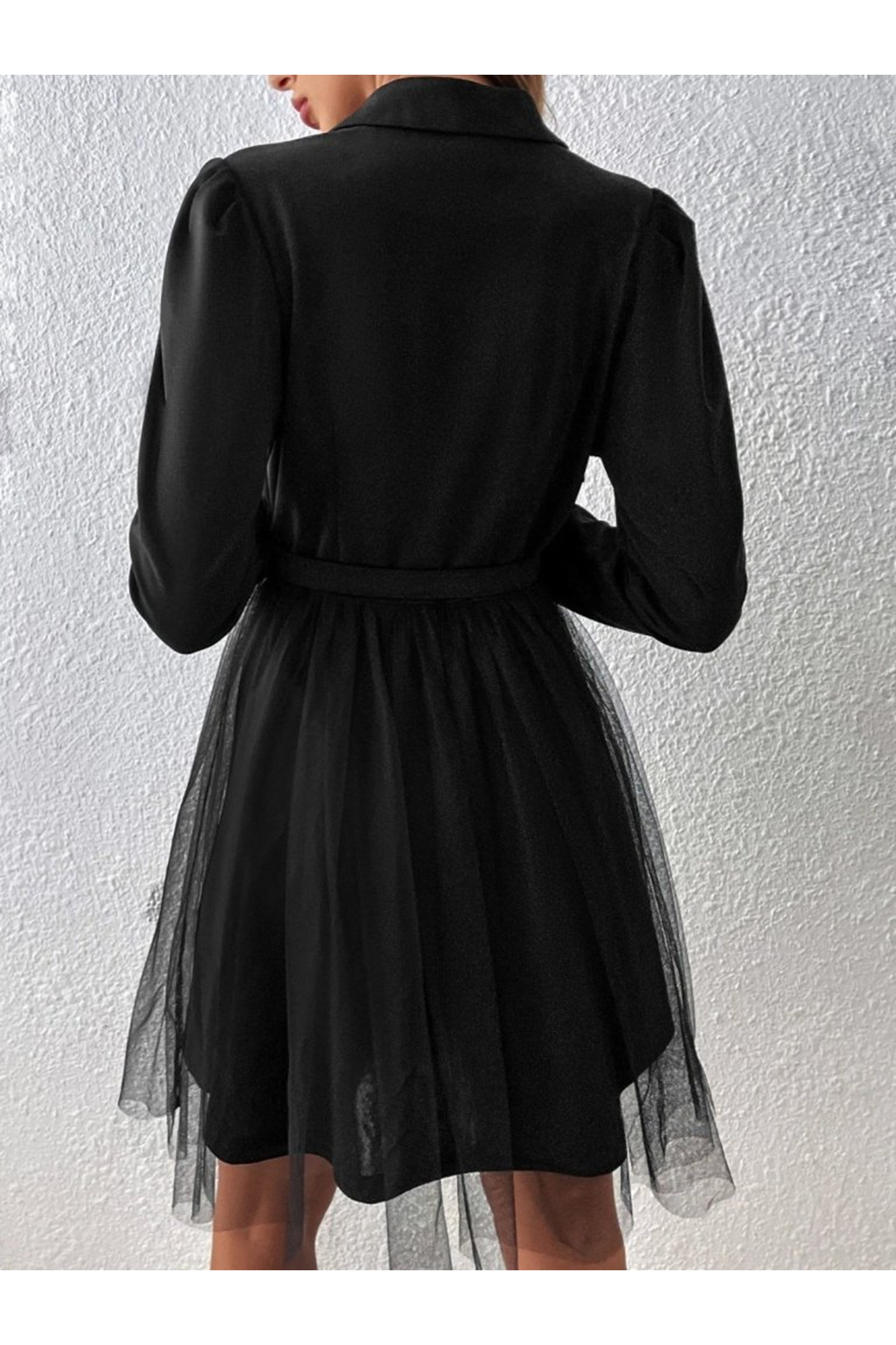 Kadın Uzun Kollu Yakalı Belinde Kemer Detaylı Mini Tüllü Ithal Krep Elbise