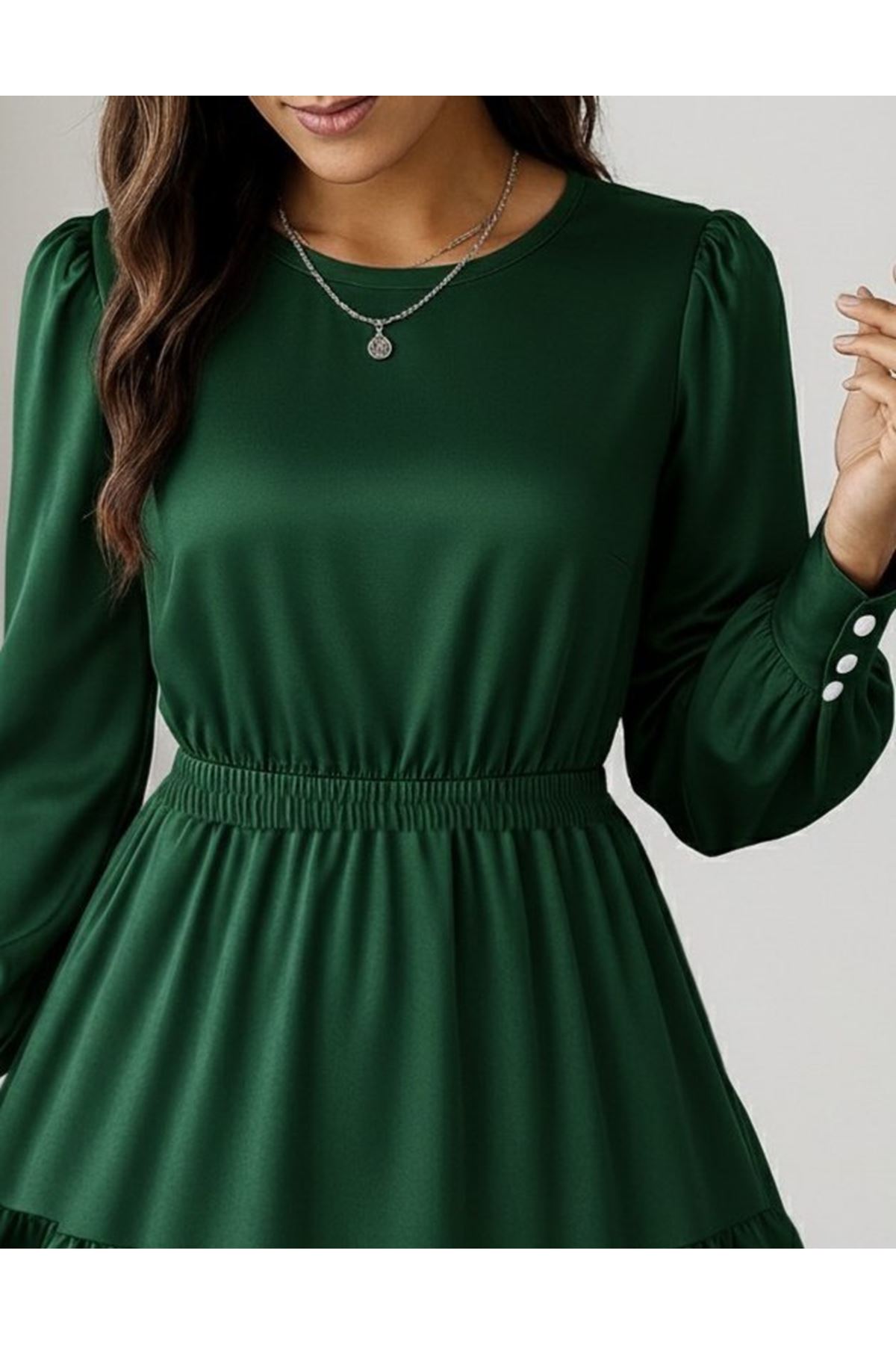 Kadın Uzun Kollu Bisiklet Yaka Beli Lastikli Fırfırlı Ithal Krep Elbise