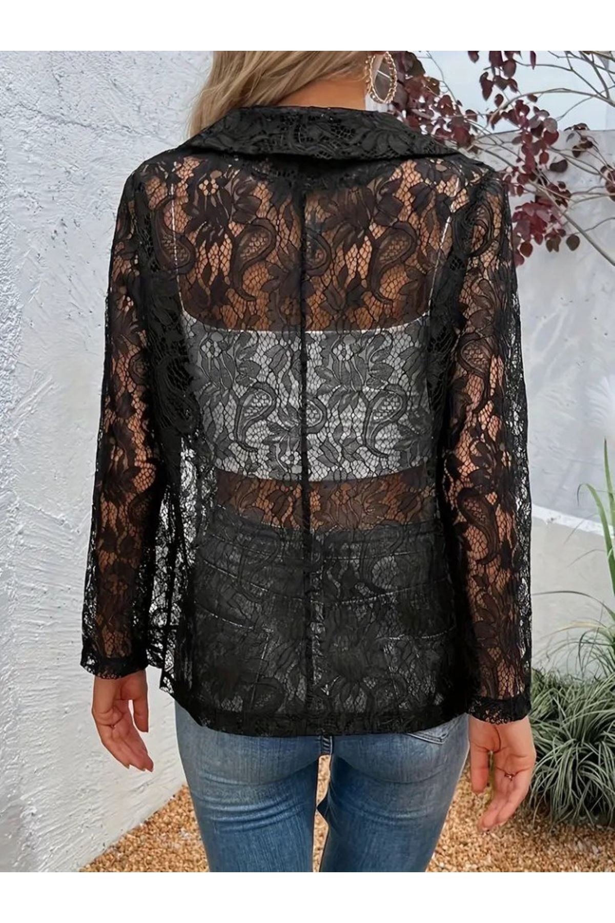 Kadın Uzun Kollu Yakalı önü Açık Dantelli Ceket