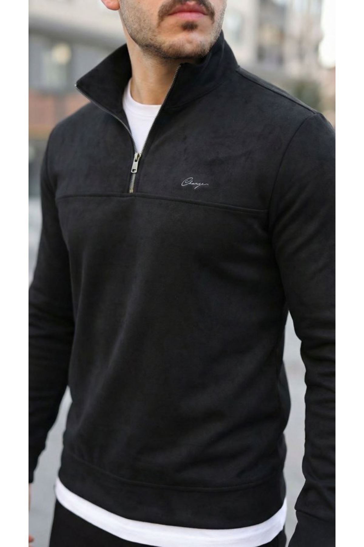 Erkek Süet Yarım Fermuar Dik Yaka Sweat