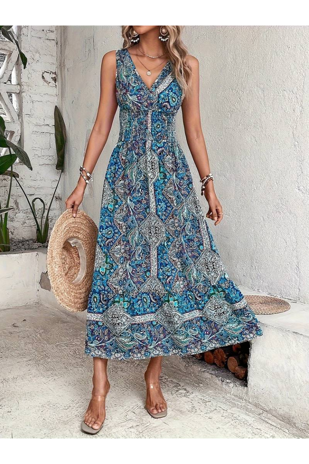 Kadın Beli Gipeli Etnik Desen Sıfır Kol Süprem Elbise