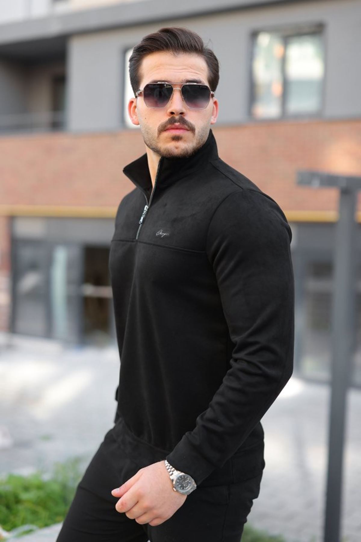 Erkek Süet Yarım Fermuar Dik Yaka Sweat
