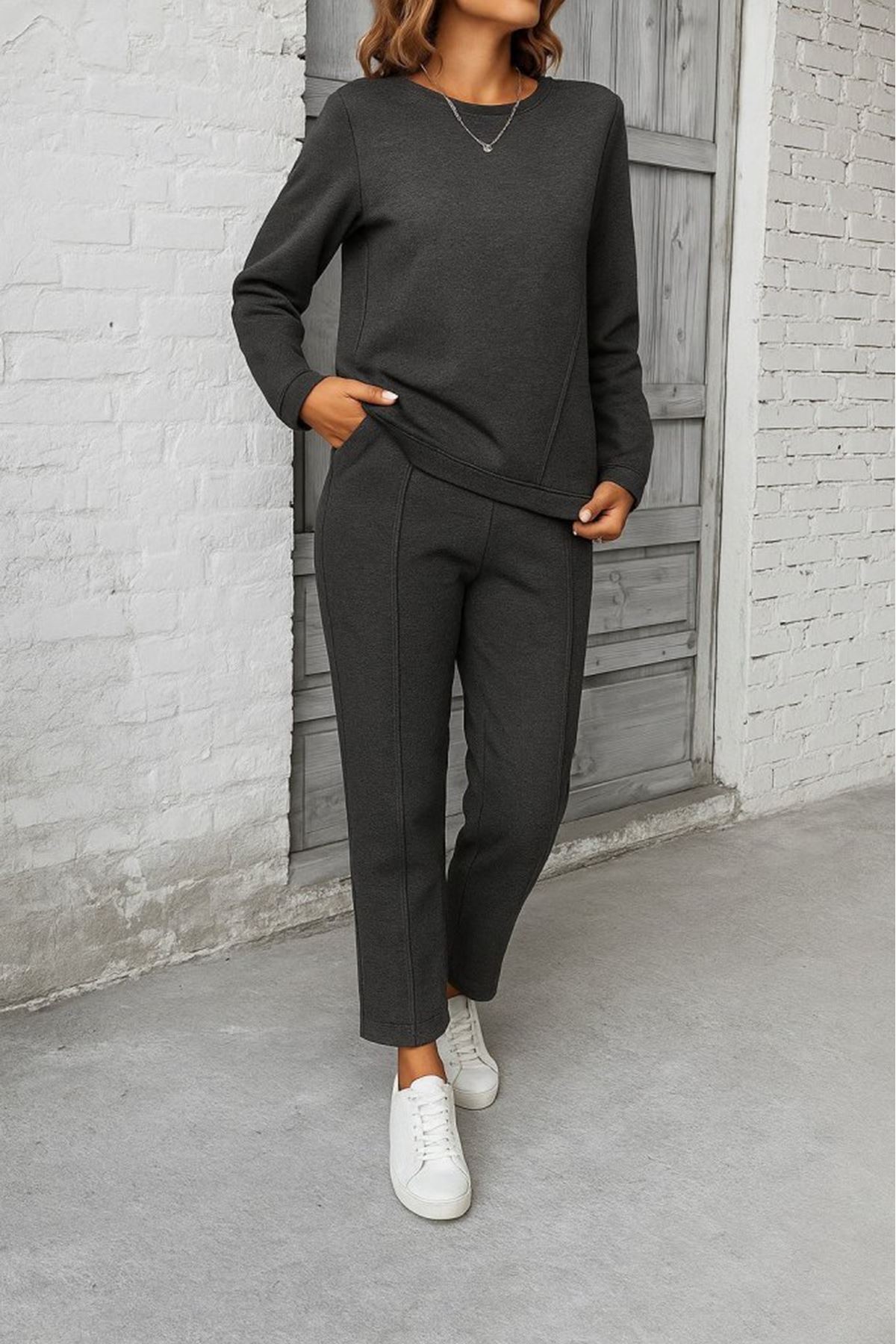 Kadın Uzun Kollu Yanları Nervurlu Viskon Iki Iplik Ve Pantolon Ikili Takım