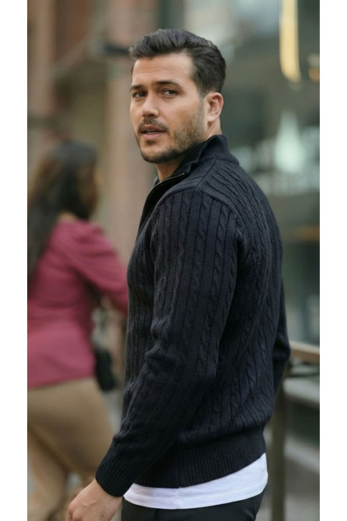Erkek Örgü Desen Zip Yaka Triko