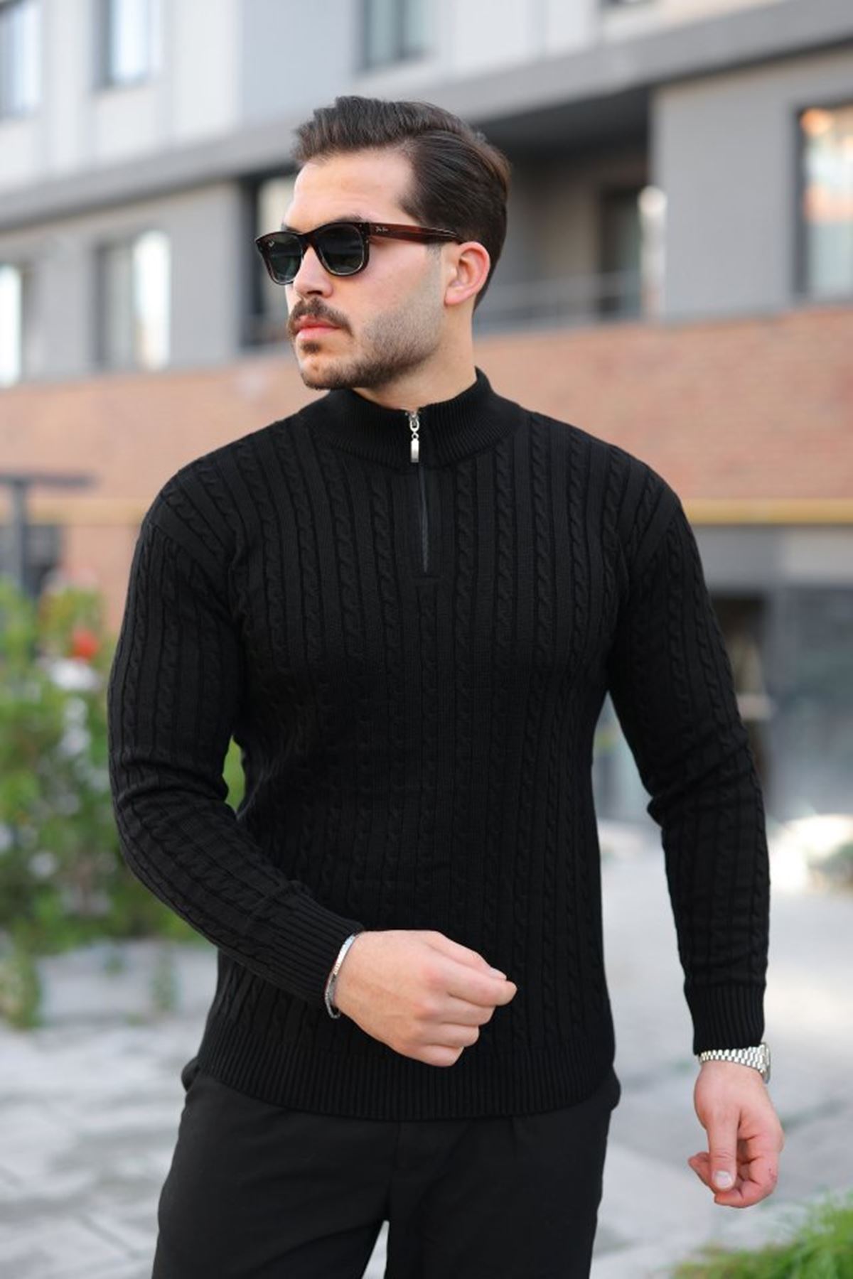 Erkek Örgü Desen Zip Yaka Triko