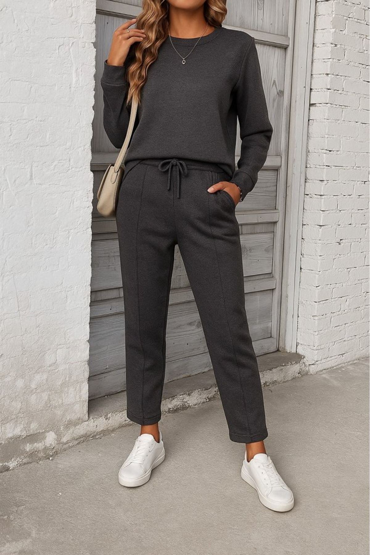 Kadın Uzun Kollu Yanları Nervurlu Viskon Iki Iplik Ve Pantolon Ikili Takım