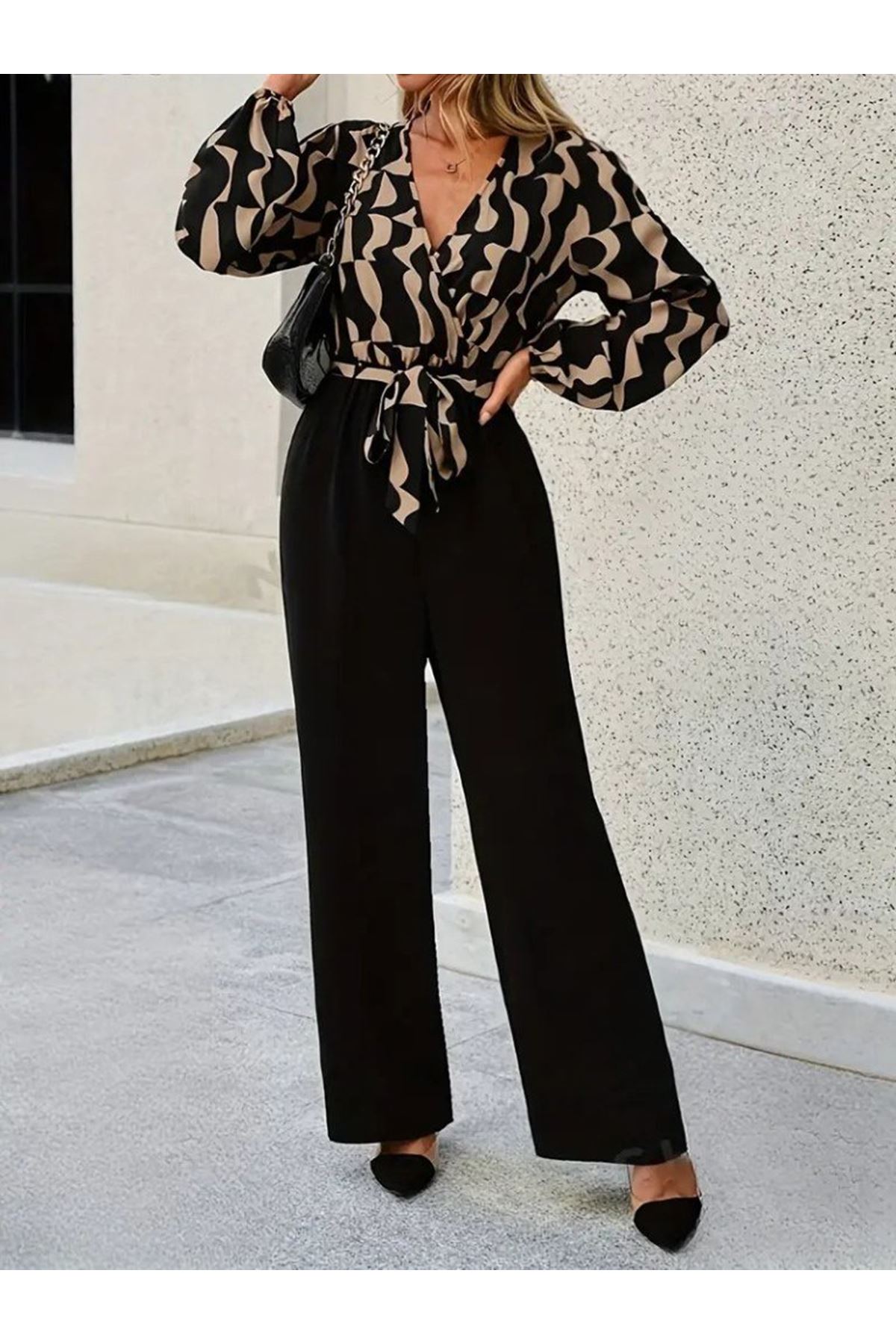 Kadın Uzun Kollu Kruvaze Yakalı Belden Kuşaklı üst Dalgıç Alt Ithal Krep Tulum