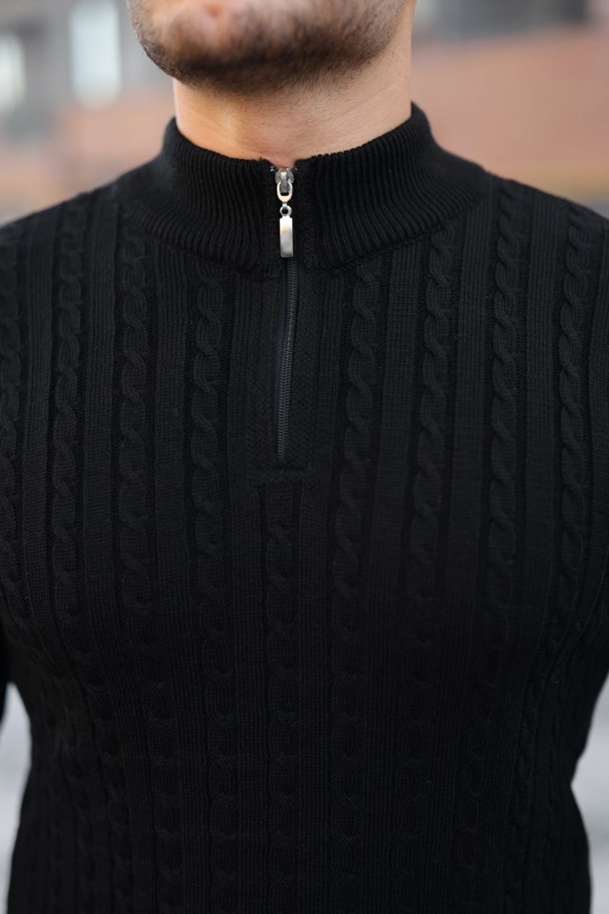 Erkek Örgü Desen Zip Yaka Triko