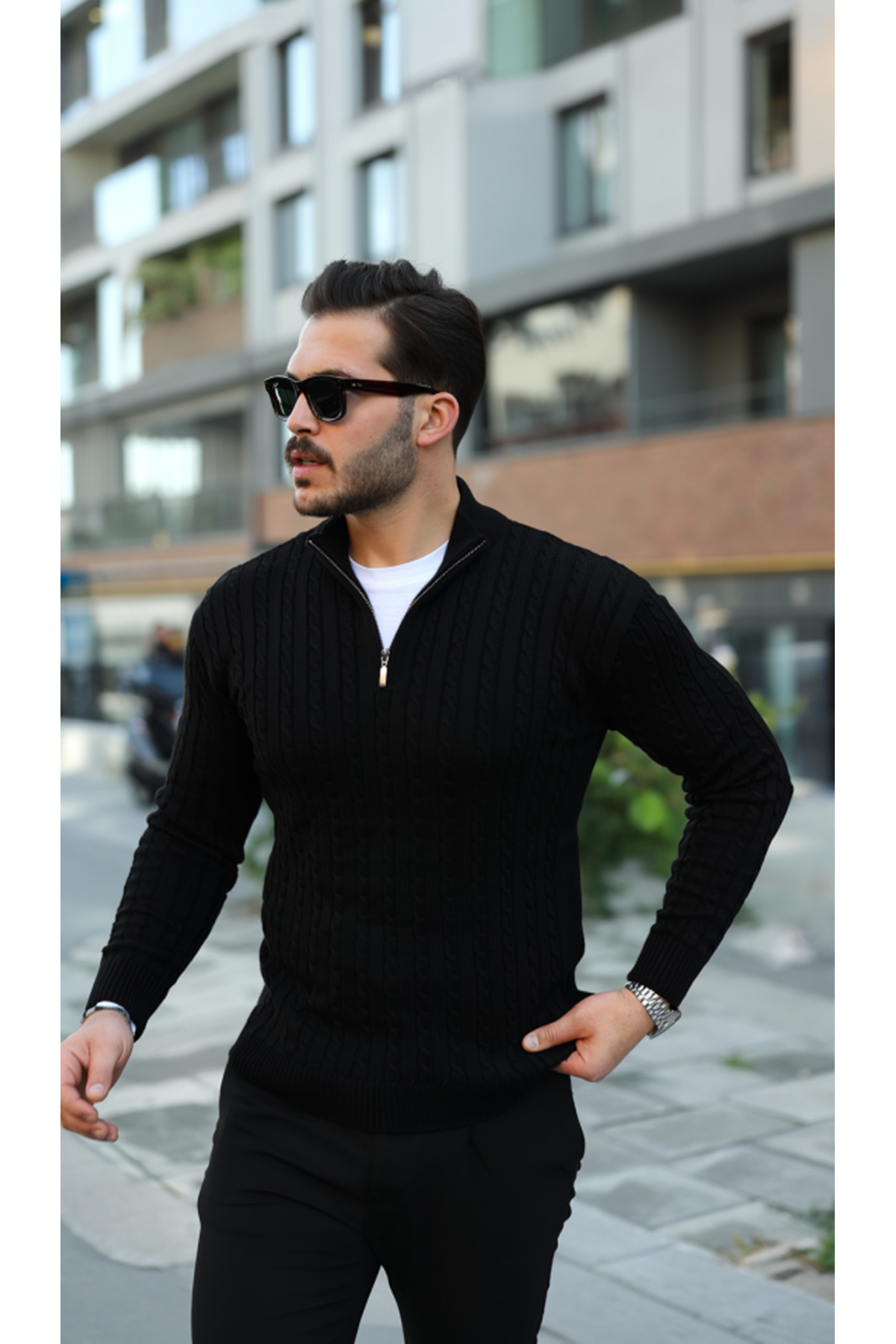 Erkek Örgü Desen Zip Yaka Triko