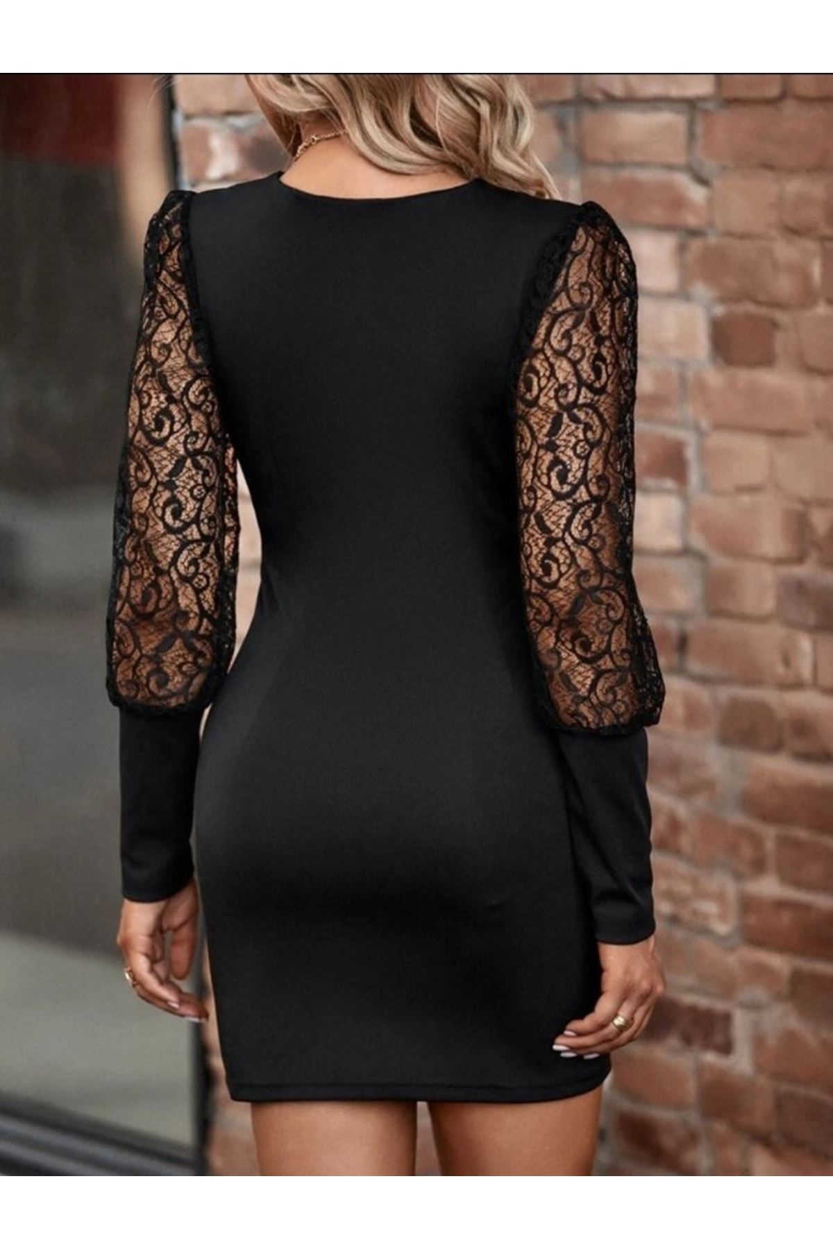 Kadın Uzun Kollu Kruvaze Yaka Kollar Tül Detay Krep Mini Boy Elbise