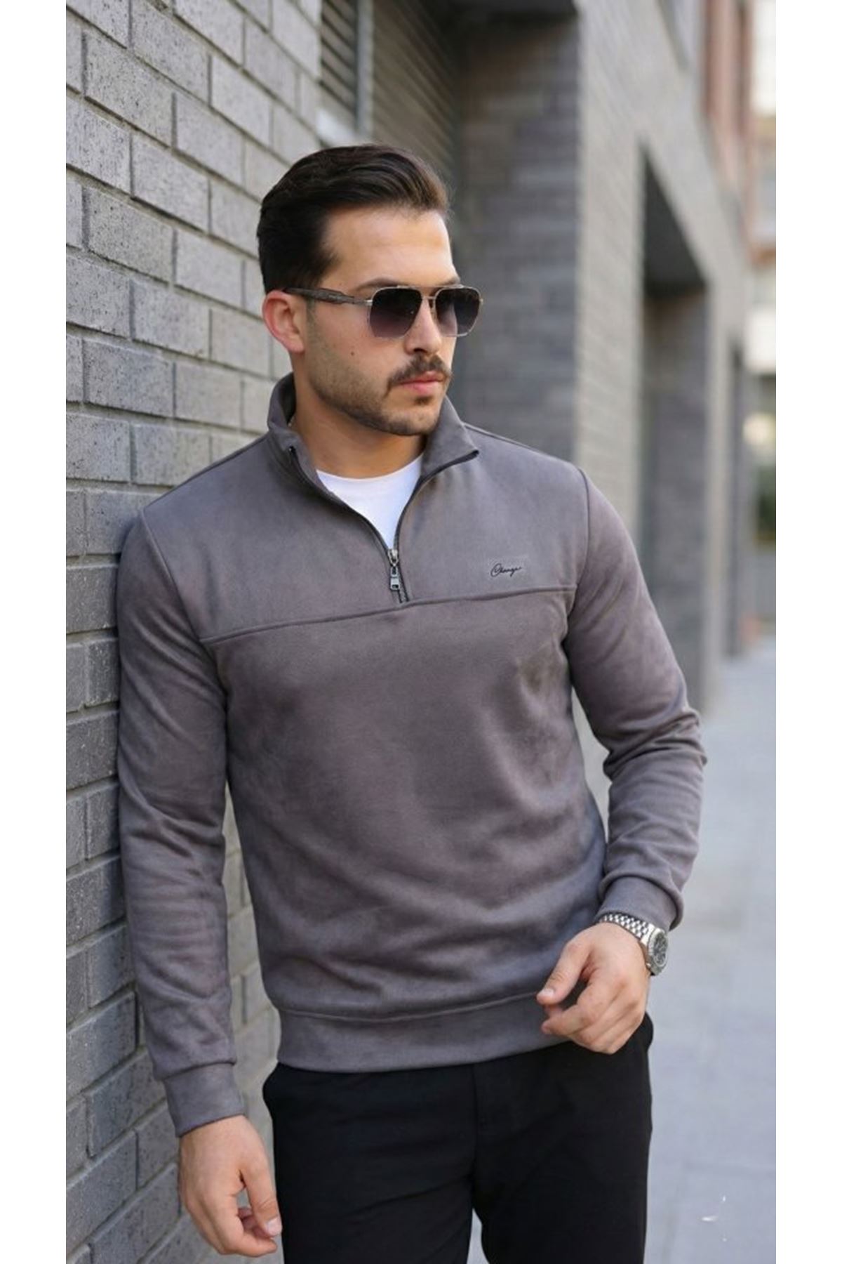 Erkek Süet Yarım Fermuar Dik Yaka Sweat