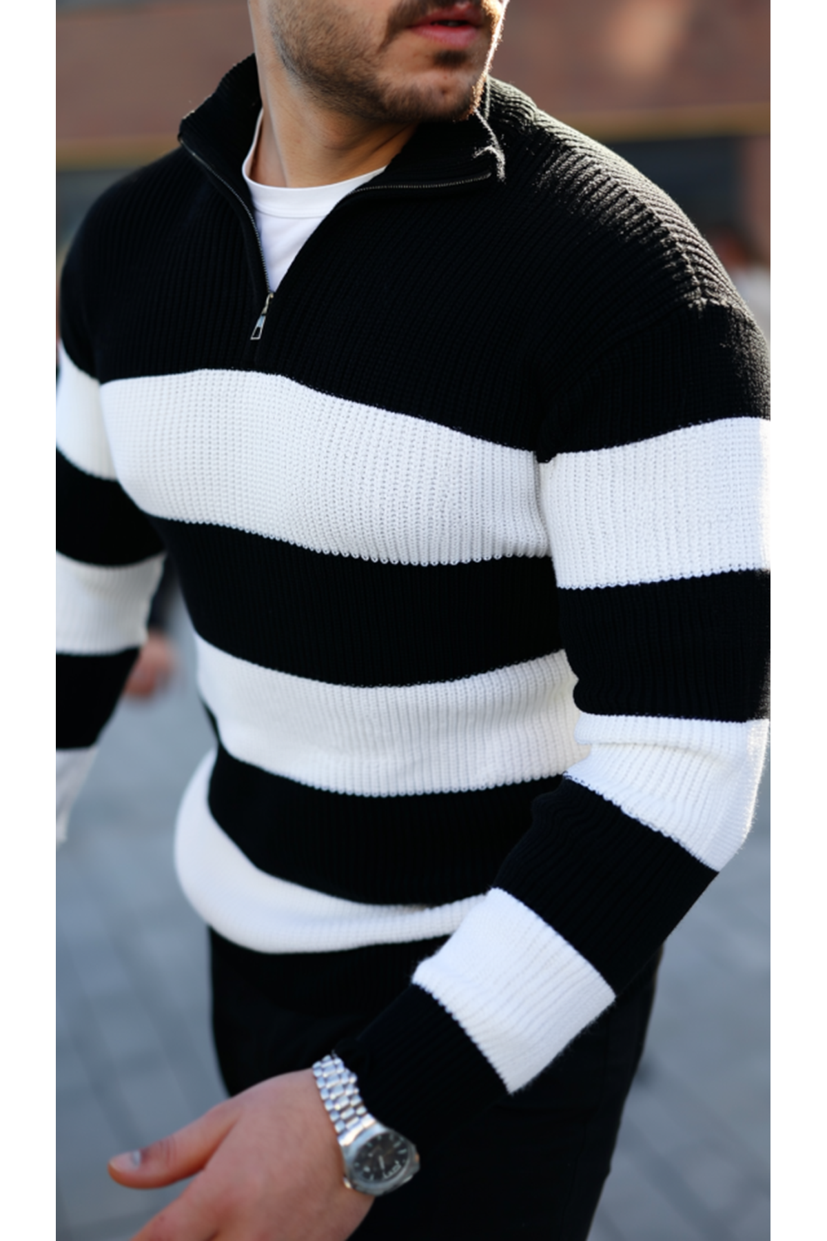 Erkek Şerit Renk Desenli Zip Yaka Kazak