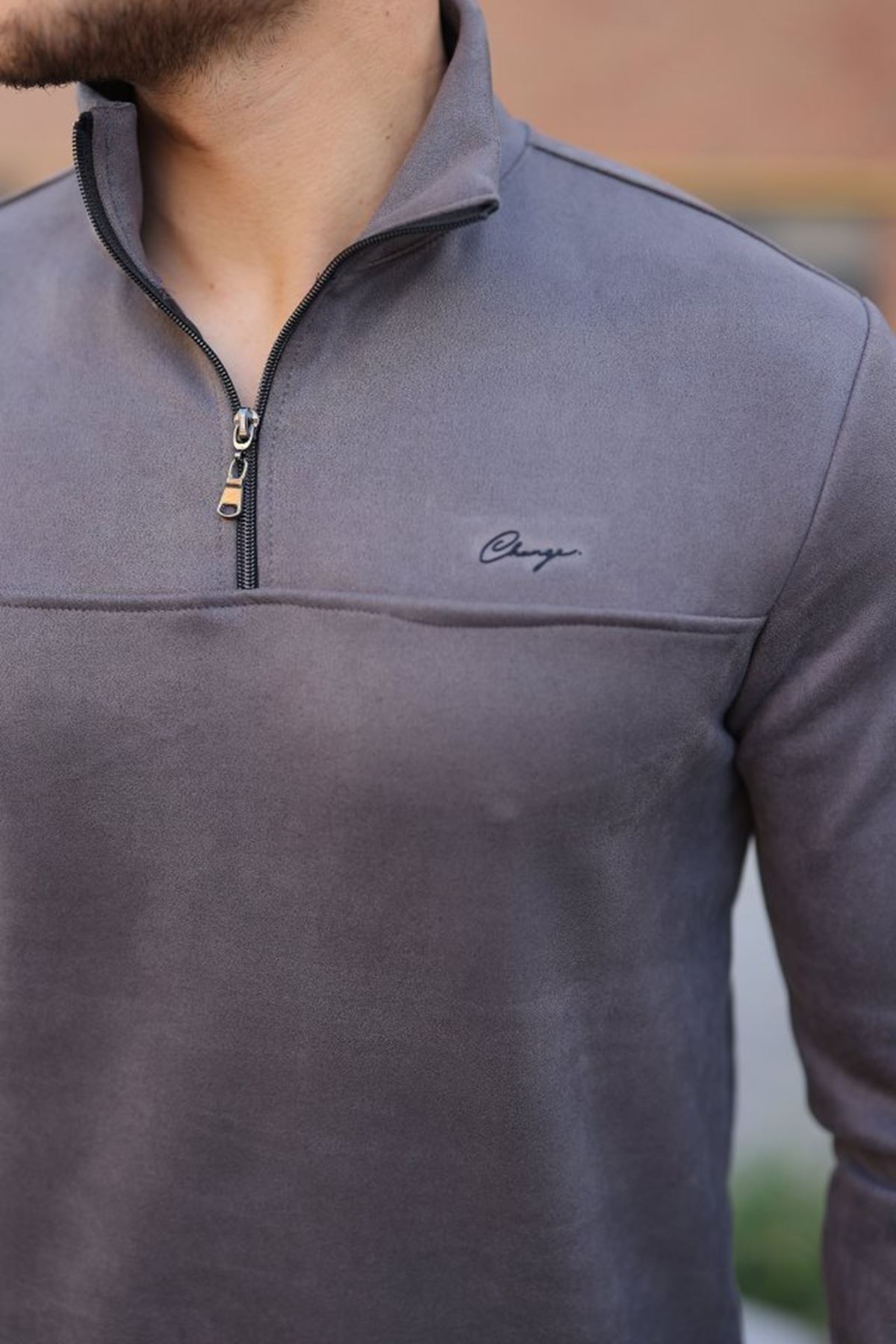 Erkek Süet Yarım Fermuar Dik Yaka Sweat