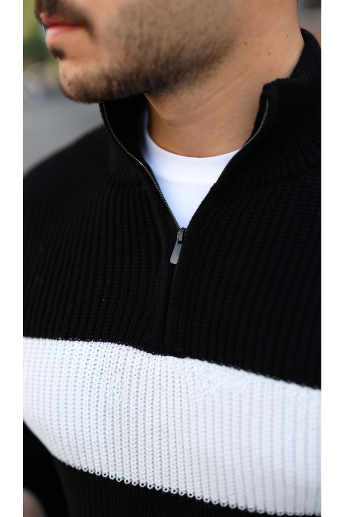 Erkek Şerit Renk Desenli Zip Yaka Kazak