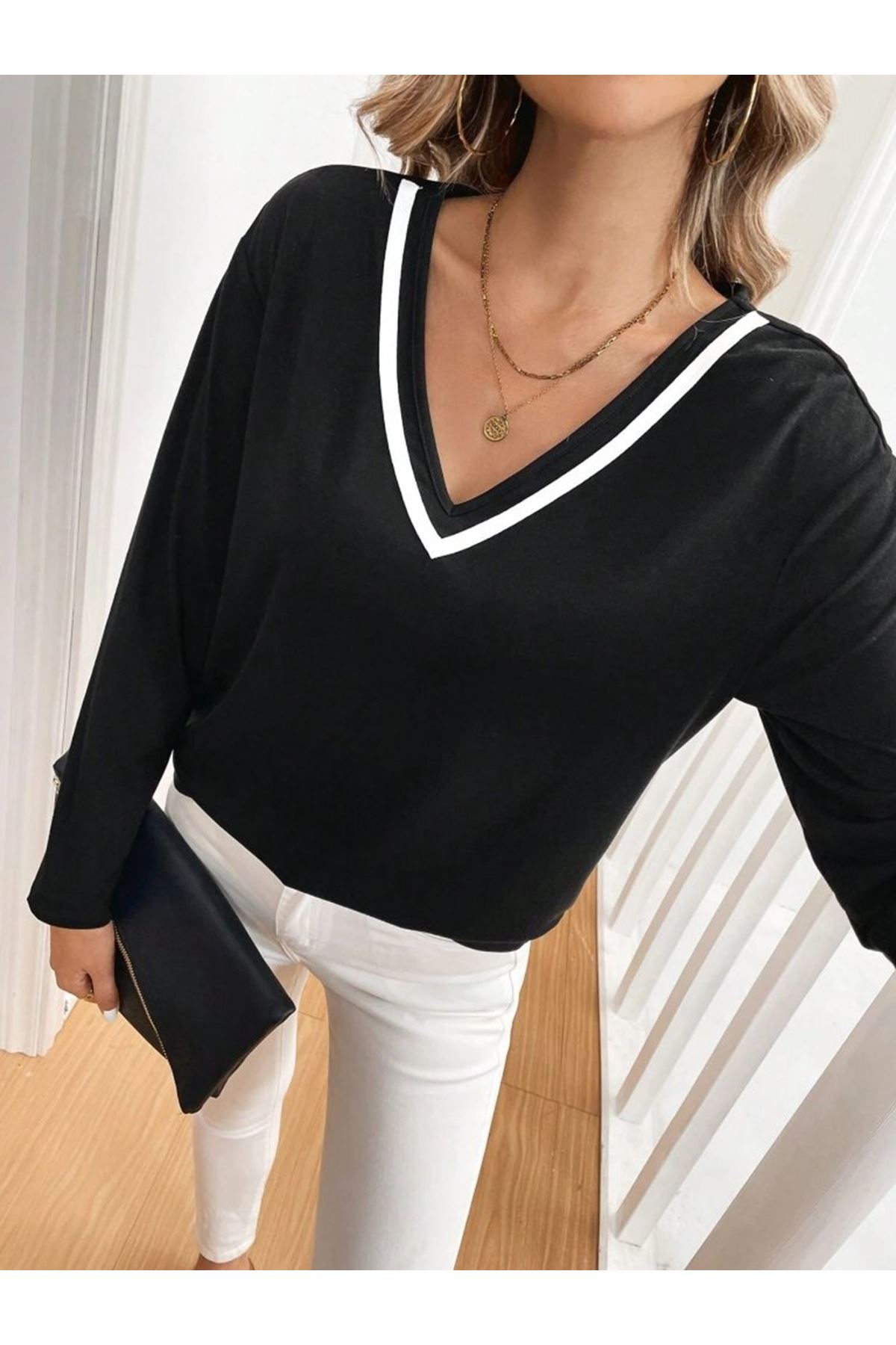 Kadın Uzun Kollu V Yakalı Viskon Iki Iplik Bluz