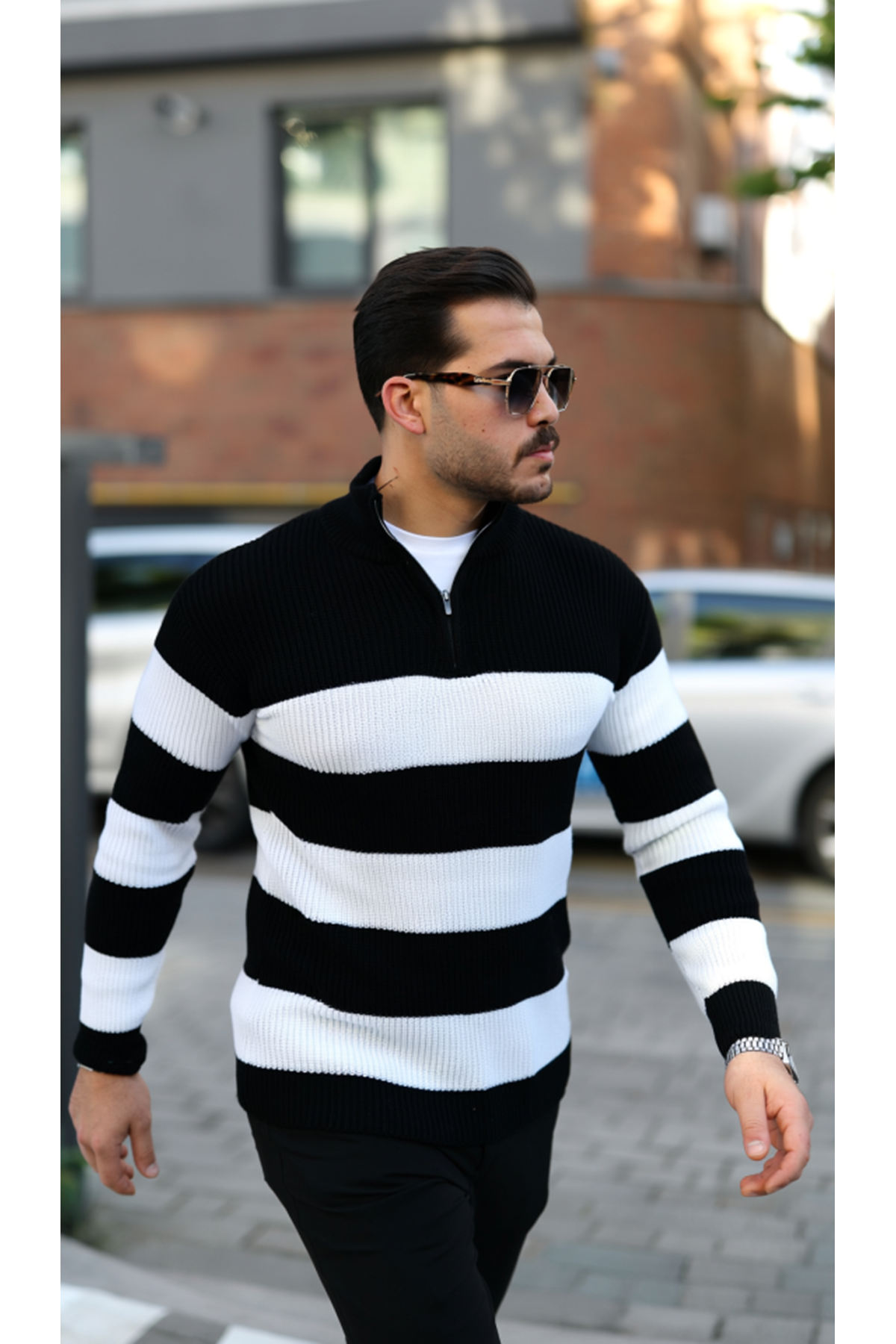 Erkek Şerit Renk Desenli Zip Yaka Kazak