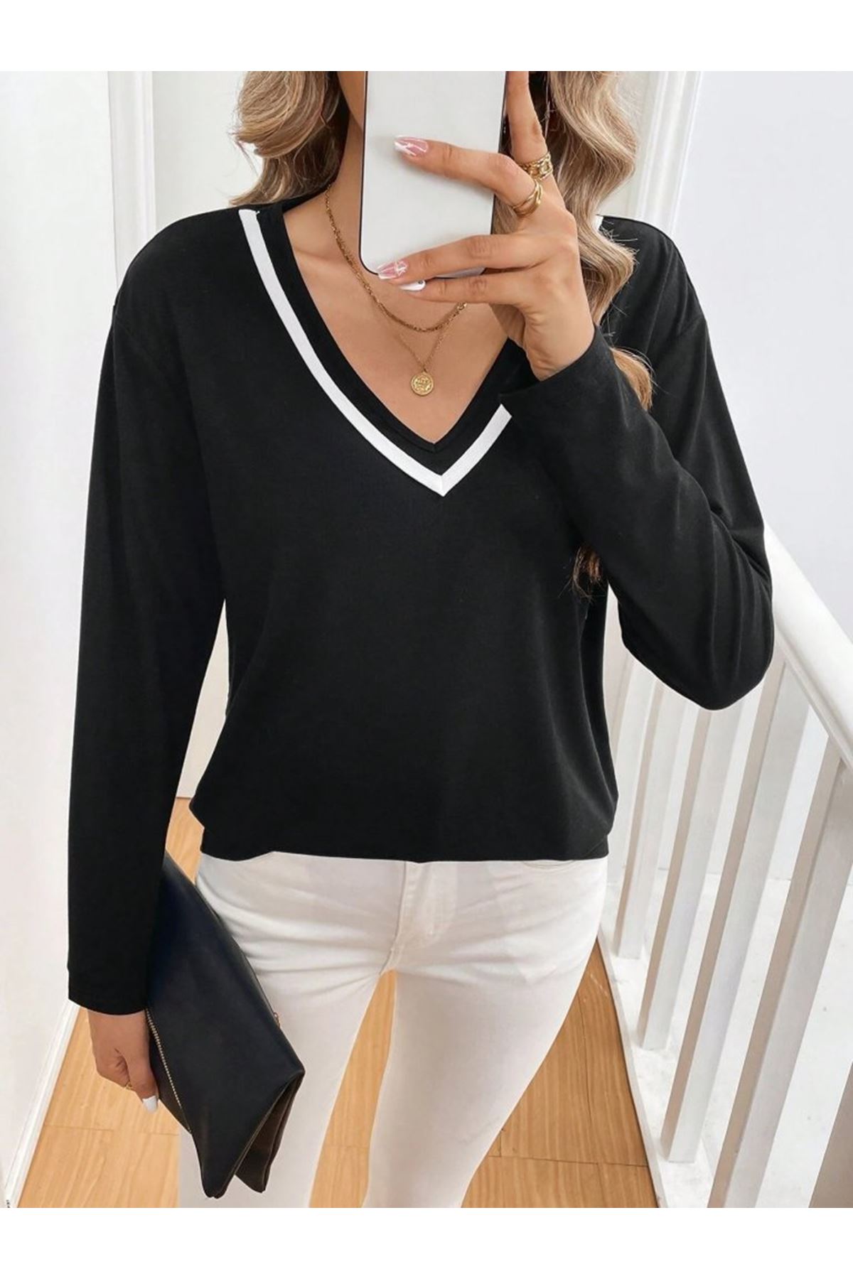 Kadın Uzun Kollu V Yakalı Viskon Iki Iplik Bluz