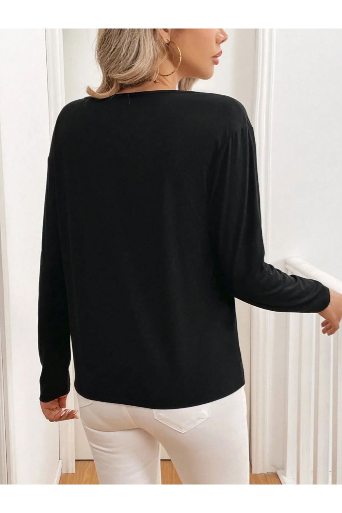 Kadın Uzun Kollu V Yakalı Viskon Iki Iplik Bluz