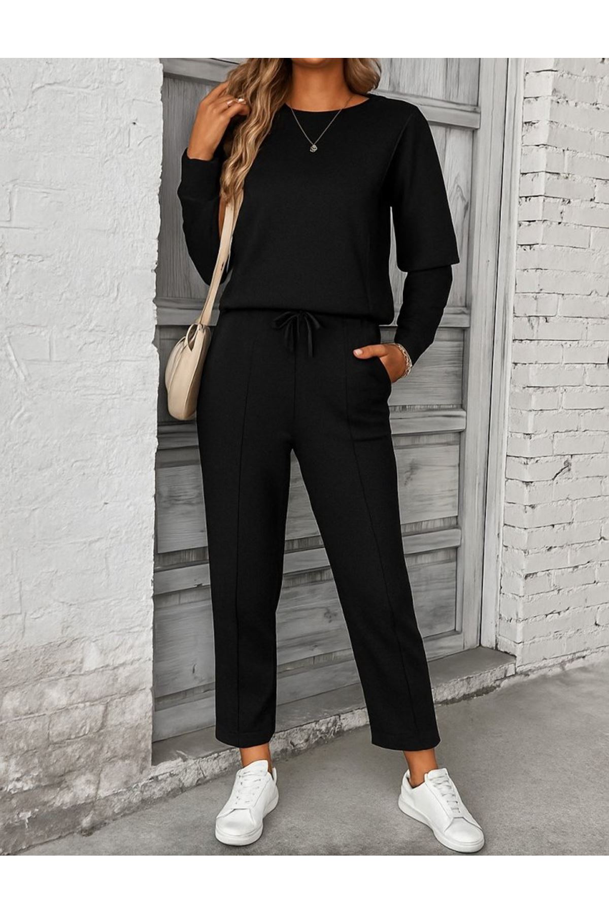 Kadın Uzun Kollu Yanları Nervurlu Viskon Iki Iplik Ve Pantolon Ikili Takım
