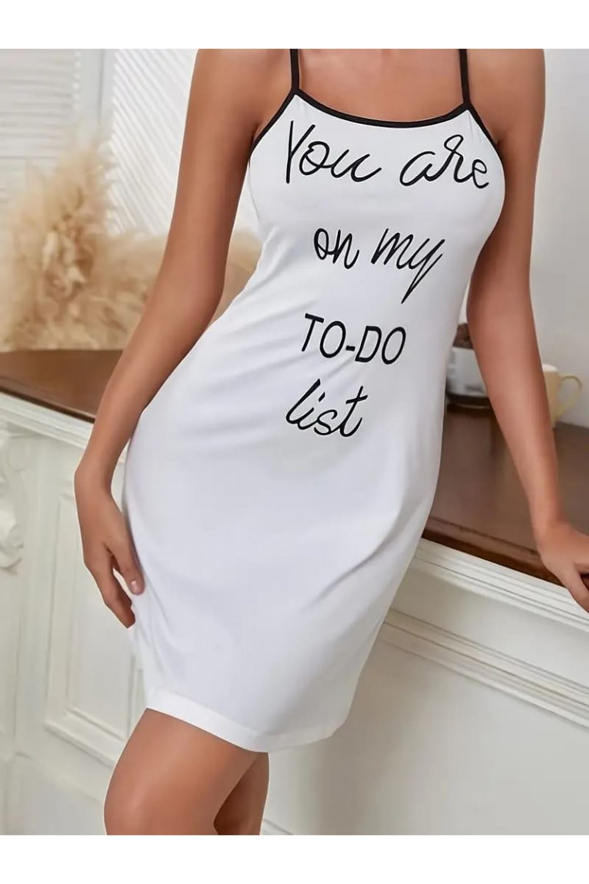 Kadın Kolsuz Askılı Sırt çapraz Detay To Do List Baskı Süprem Gecelik Elbise