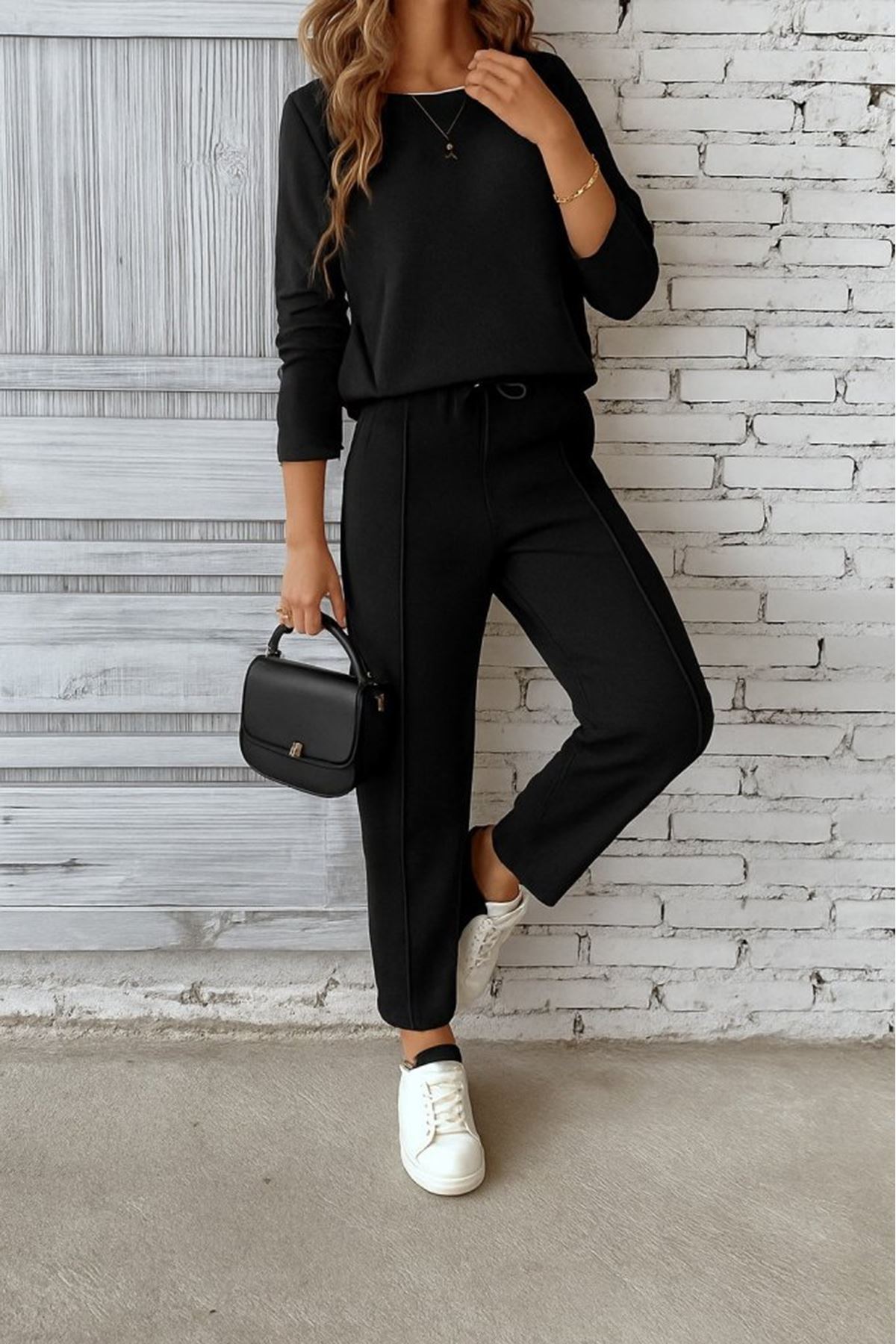 Kadın Uzun Kollu Yanları Nervurlu Viskon Iki Iplik Ve Pantolon Ikili Takım
