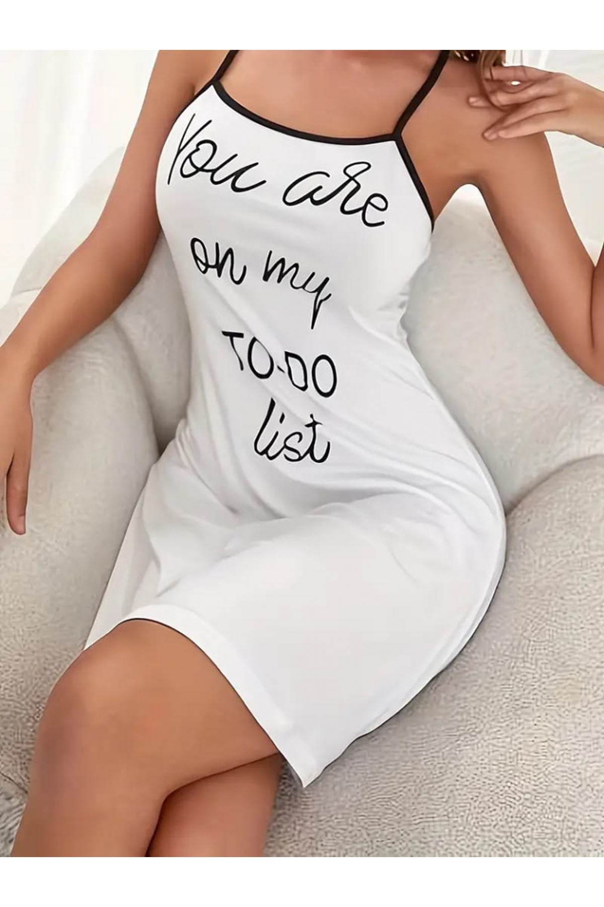 Kadın Kolsuz Askılı Sırt çapraz Detay To Do List Baskı Süprem Gecelik Elbise