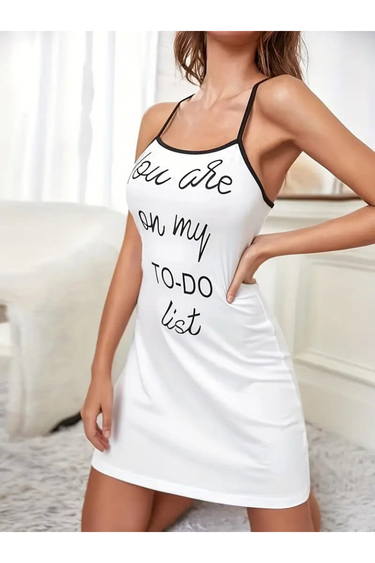 Kadın Kolsuz Askılı Sırt çapraz Detay To Do List Baskı Süprem Gecelik Elbise