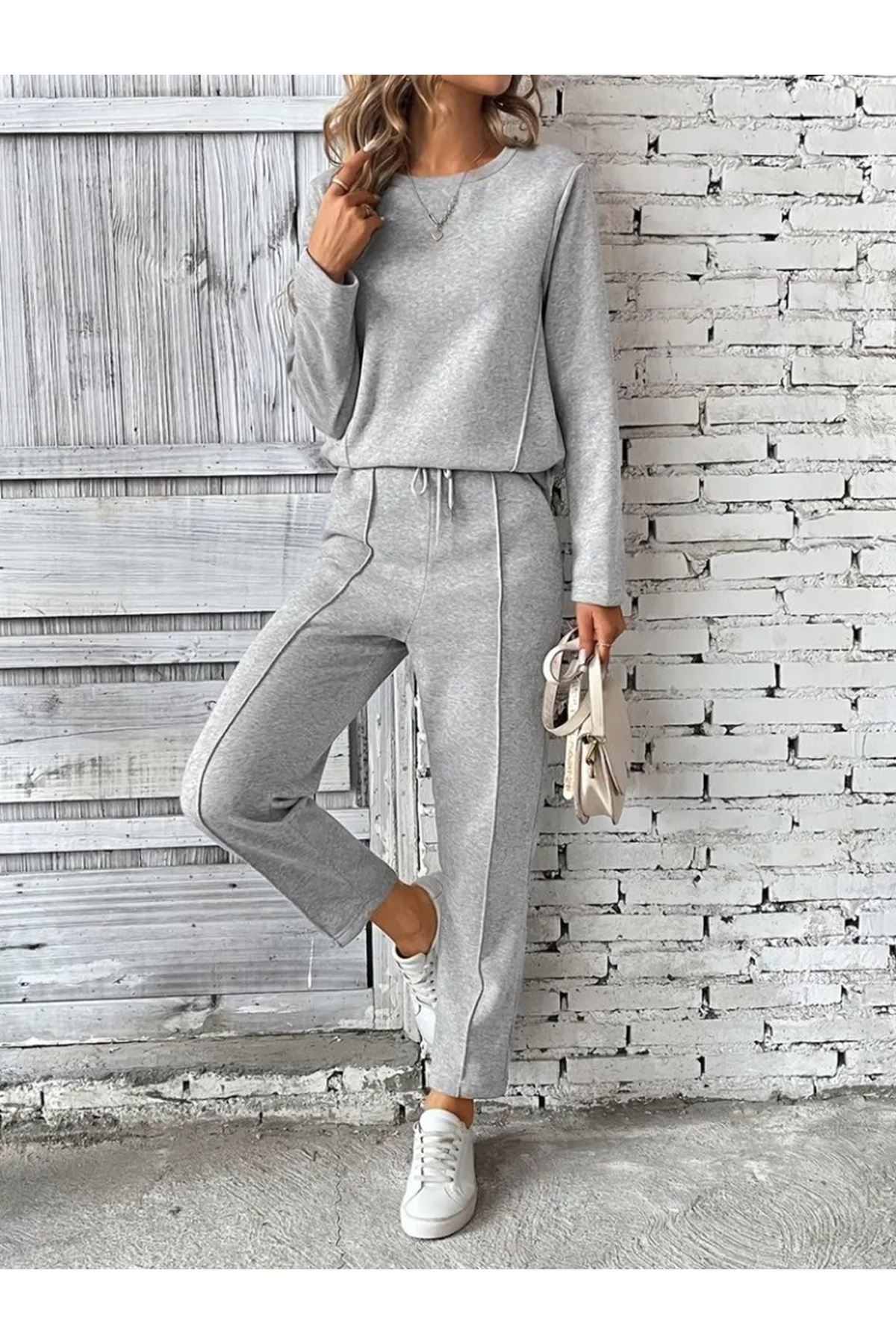 Kadın Uzun Kollu Yanları Nervurlu Viskon Iki Iplik Ve Pantolon Ikili Takım