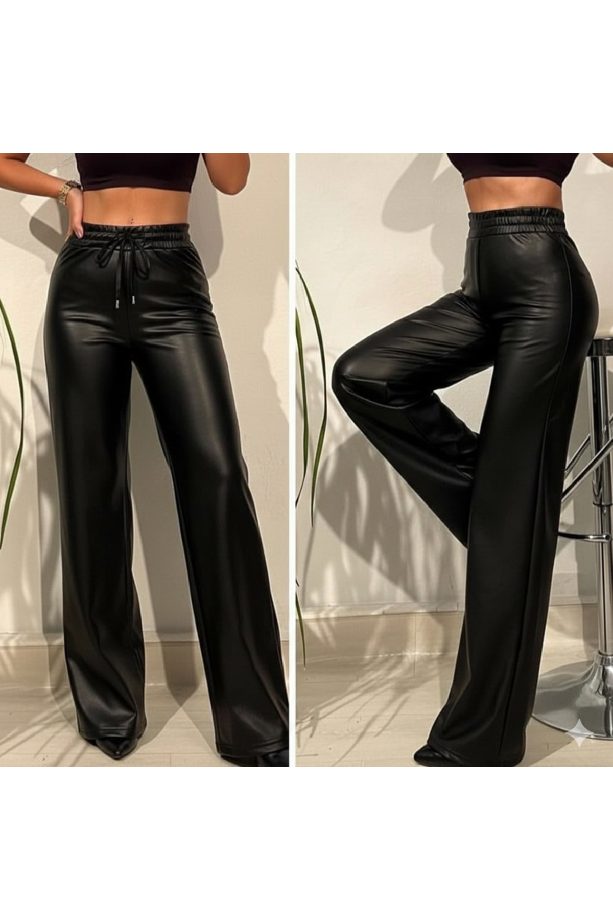 Yüksek Bel Geniş Paça Içi şardonlu Deri Pantolon.