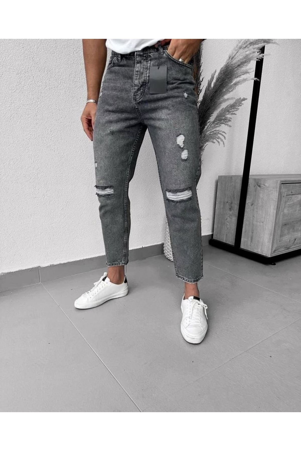 Erkek Füme Yırtık Detaylı Mom Jean