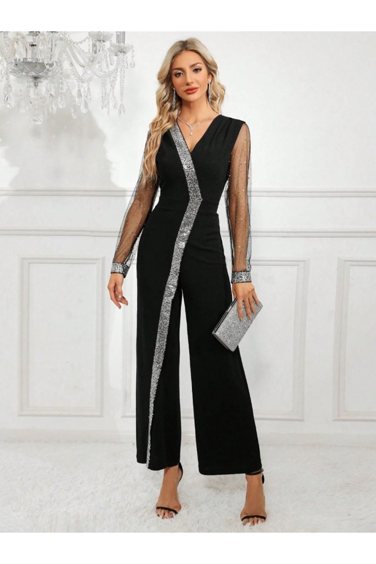 Kadın Uzun V Yakalı önden Pulpayet Detaylı Tüllü Uzun Ithal Krep Tulum