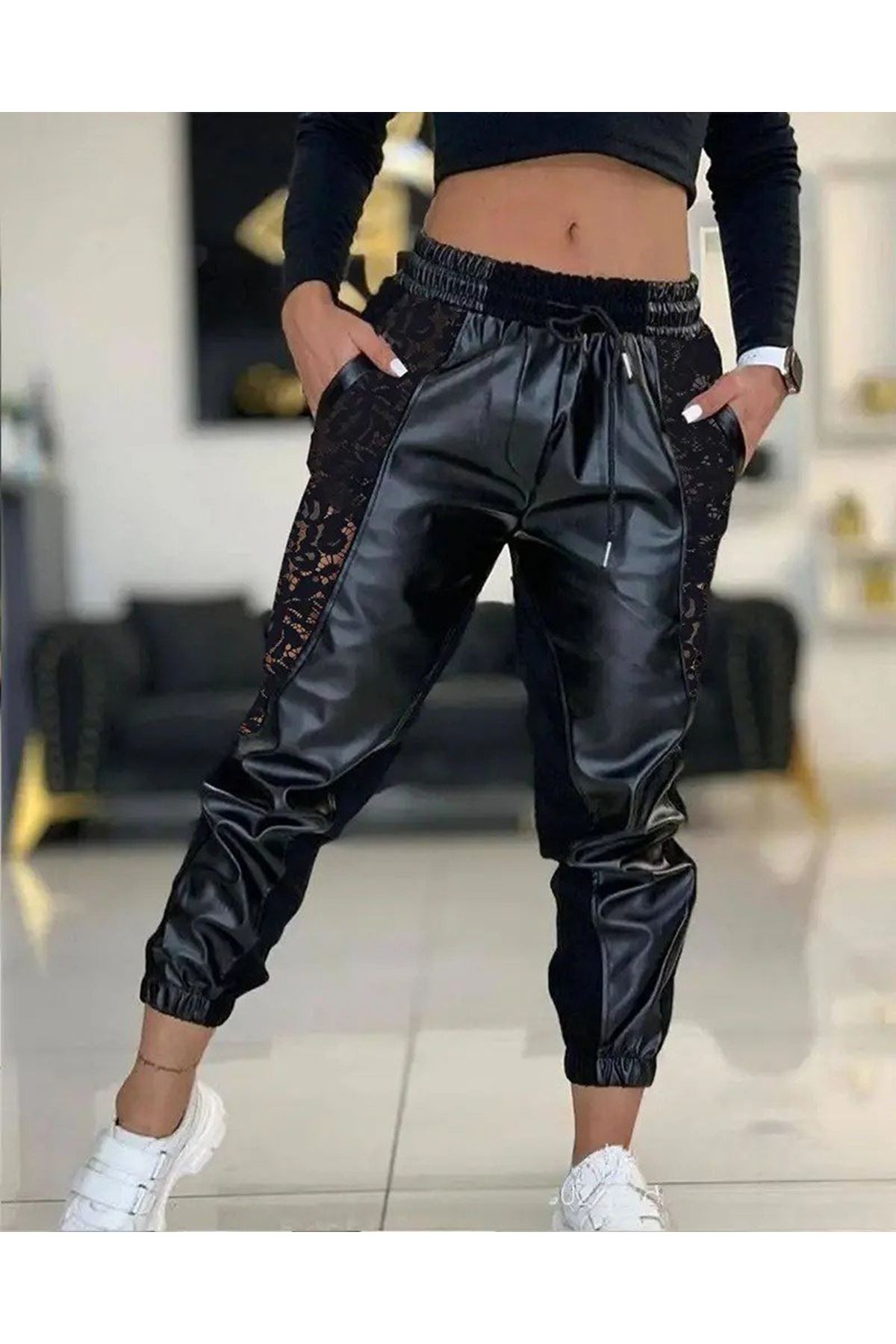 Kadın Yüksek Bel Lastikli Yanda Dantel Detaylı Bağcıklı Deri Pantolon