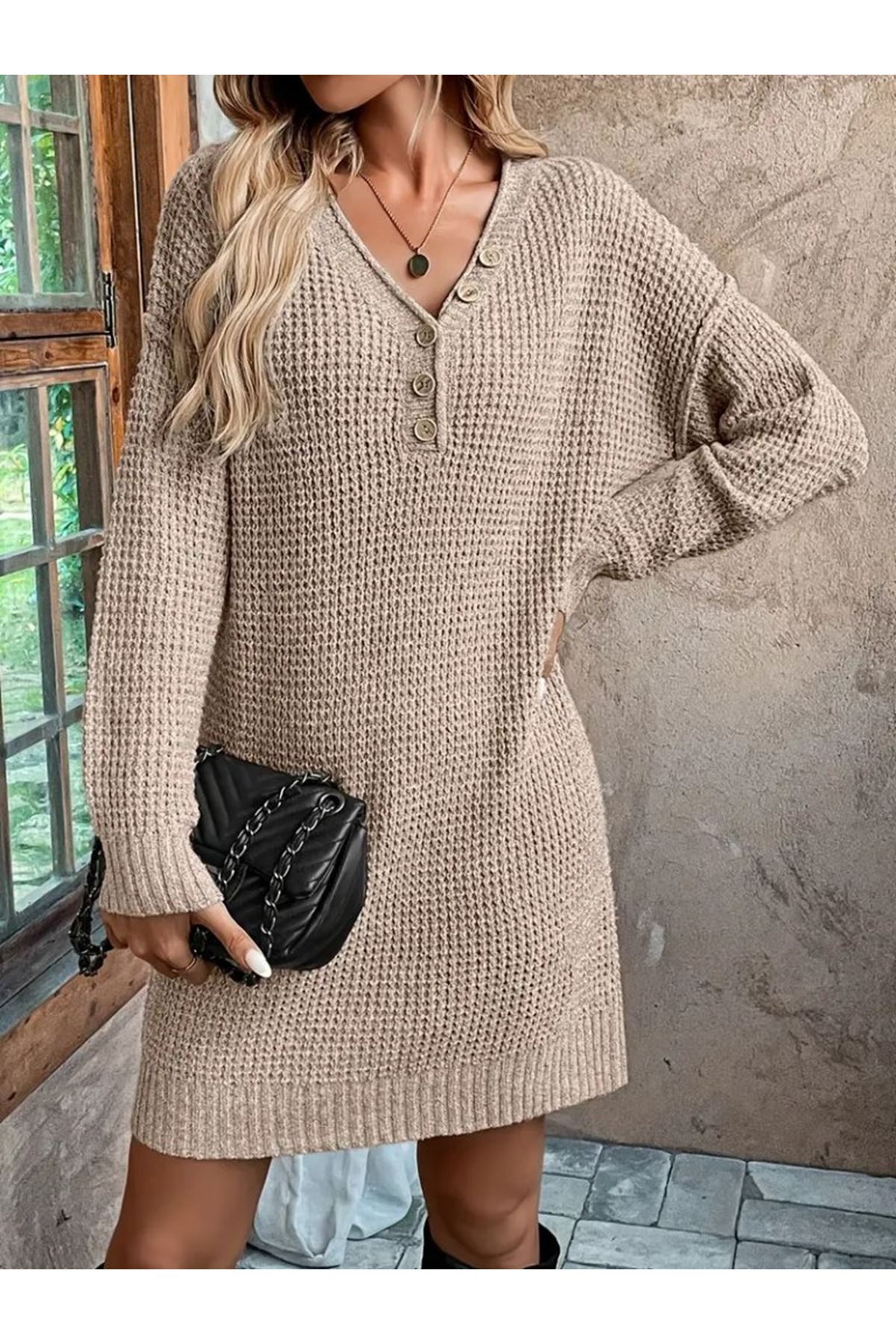 Kadın Uzun Kollu V Yakalı Düğmeli Mini Triko Taş Renkli Elbise