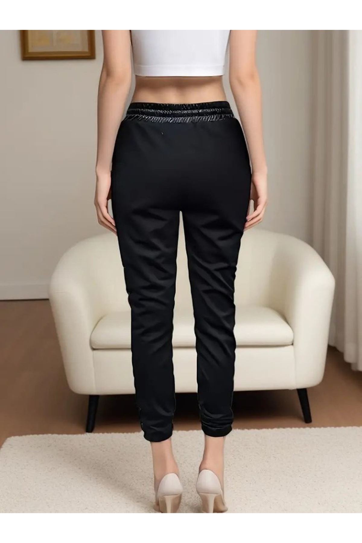 Kadın Yüksek Bel Lastikli Yanda Dantel Detaylı Bağcıklı Deri Pantolon