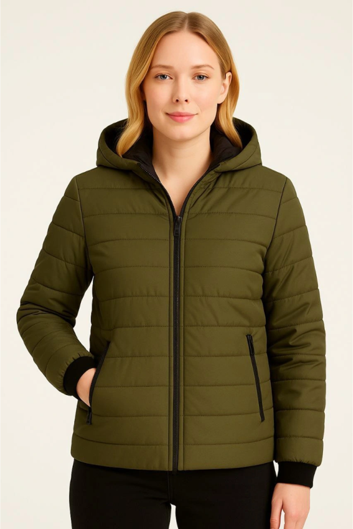 Şişme Kapüşonlu Fermuarlı Mont Su Itici Kapitone Astarlı Kumaş Cepli Kışlık Rahat Kalıp - Haki